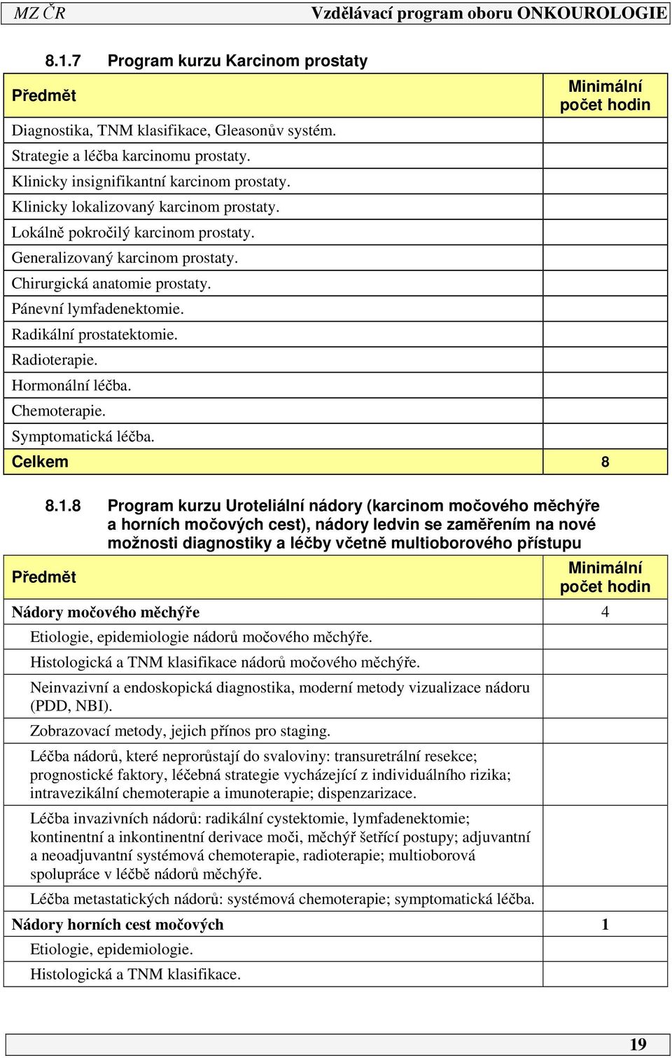 Radioterapie. Hormonální léčba. Chemoterapie. Symptomatická léčba. Minimální počet hodin Celkem 8 Předmět 8.