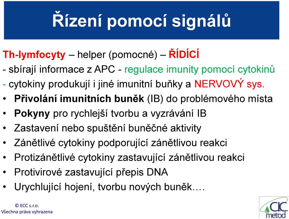 Přivolání imunitních buněk (IB) do problémového místa Pokyny pro rychlejší tvorbu a vyzrávání IB Zastavení nebo spuštění