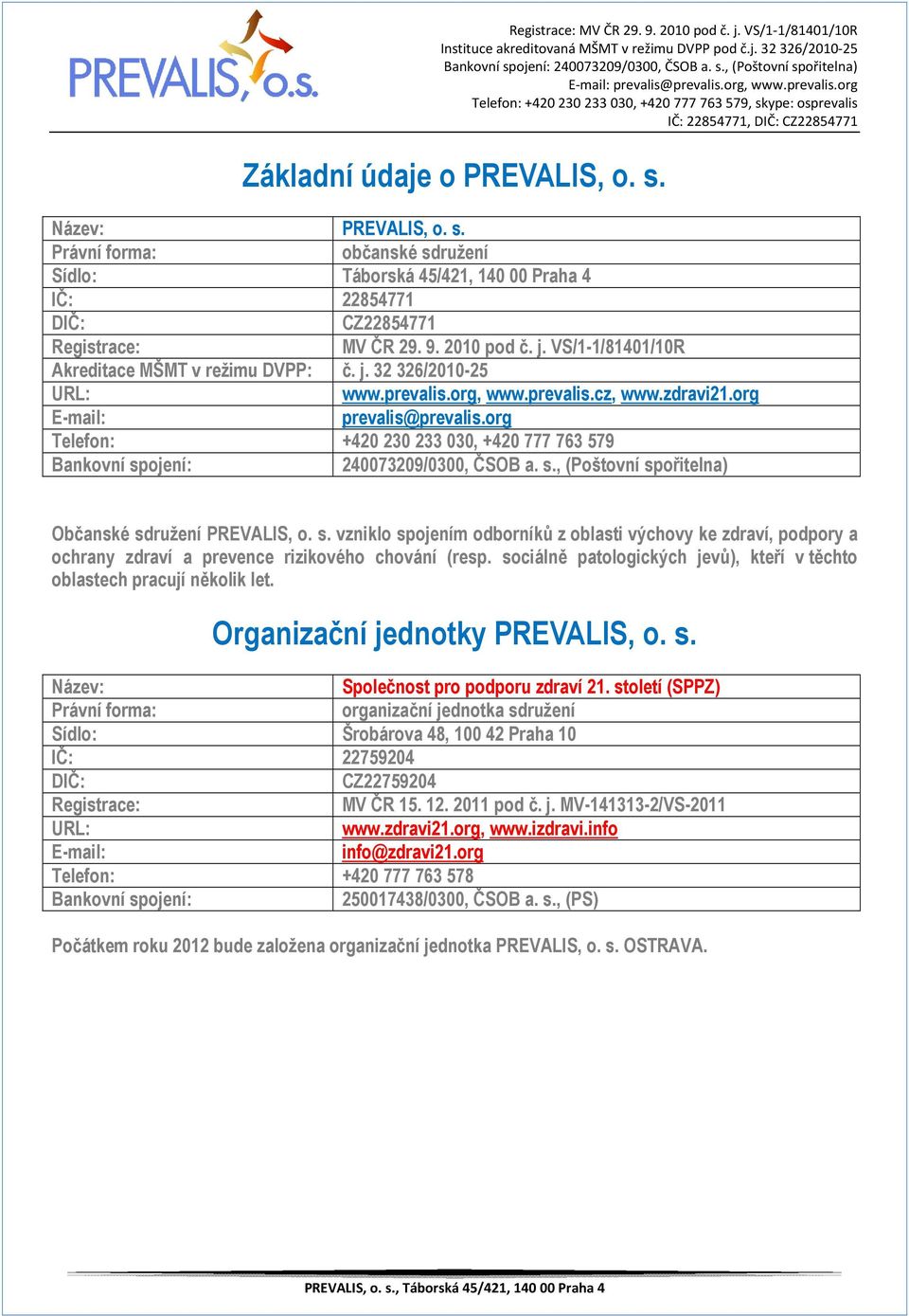 org Telefon: +420 230 233 030, +420 777 763 579 Bankovní spojení: 240073209/0300, ČSOB a. s., (Poštovní spořitelna) Občanské sdružení PREVALIS, o. s. vzniklo spojením odborníků z oblasti výchovy ke zdraví, podpory a ochrany zdraví a prevence rizikového chování (resp.