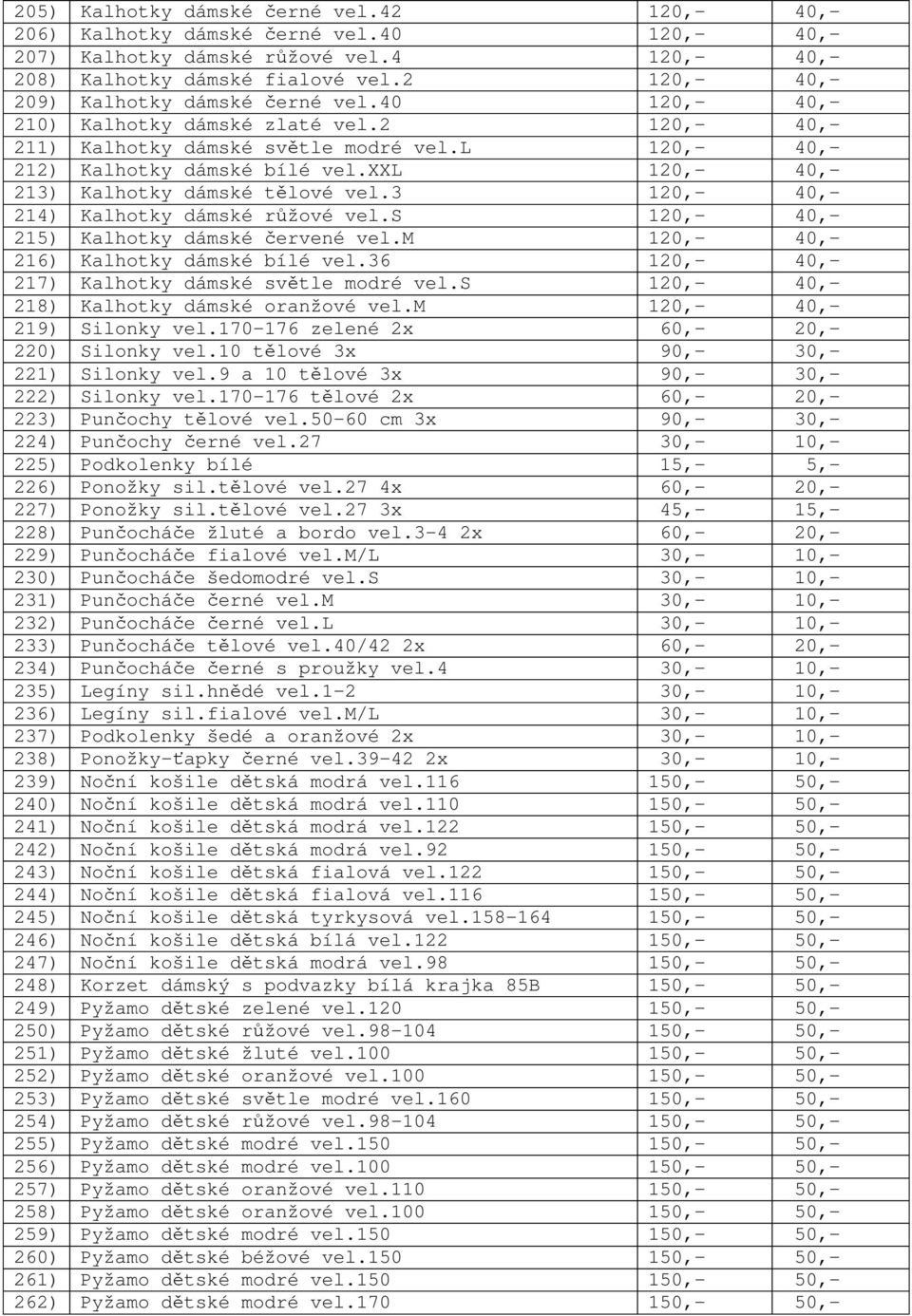 xxl 120,- 40,- 213) Kalhotky dámské t lové vel.3 120,- 40,- 214) Kalhotky dámské r žové vel.s 120,- 40,- 215) Kalhotky dámské ervené vel.m 120,- 40,- 216) Kalhotky dámské bílé vel.