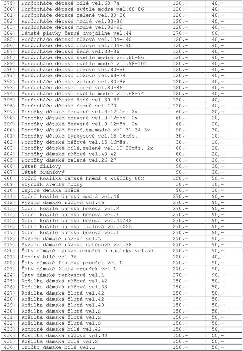 134-140 120,- 40,- 386) Pun ochá e d tské béžové vel.134-140 120,- 40,- 387) Pun ochá e d tské šedé vel.80-86 120,- 40,- 388) Pun ochá e d tské sv tle modré vel.