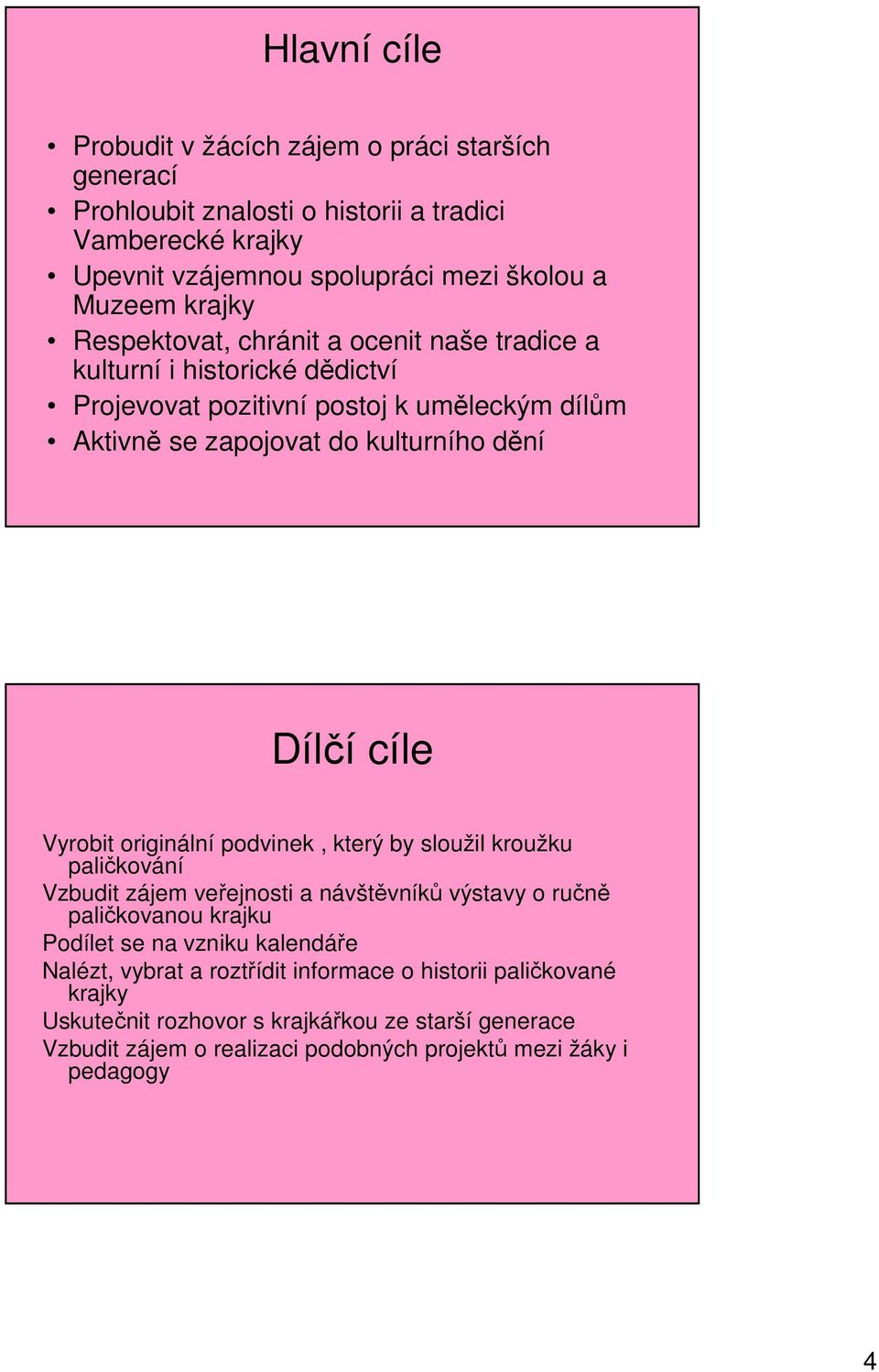 Vyrobit originální podvinek, který by sloužil kroužku paličkování Vzbudit zájem veřejnosti a návštěvníků výstavy o ručně paličkovanou krajku Podílet se na vzniku kalendáře