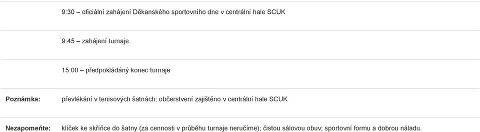 občerstvení zajištěno v centrální hale SCUK Nezapomeňte: klíček ke skříňce do šatny (za