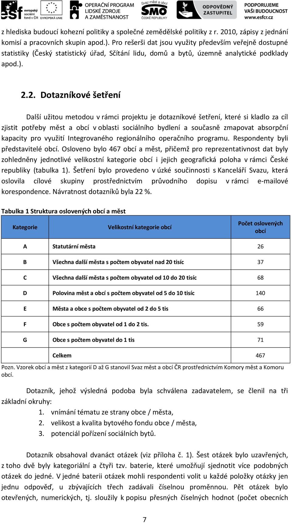 2. Dotazníkové šetření Další užitou metodou v rámci projektu je dotazníkové šetření, které si kladlo za cíl zjistit potřeby měst a obcí v oblasti sociálního bydlení a současně zmapovat absorpční