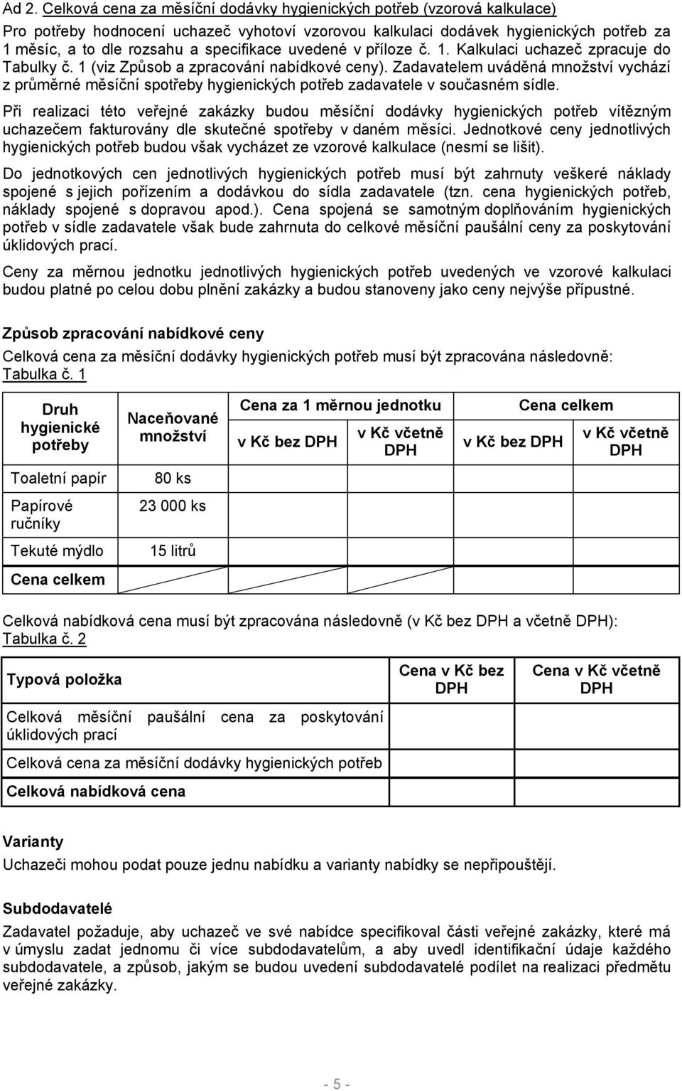 Zadavatelem uváděná množství vychází z průměrné měsíční spotřeby hygienických potřeb zadavatele v současném sídle.