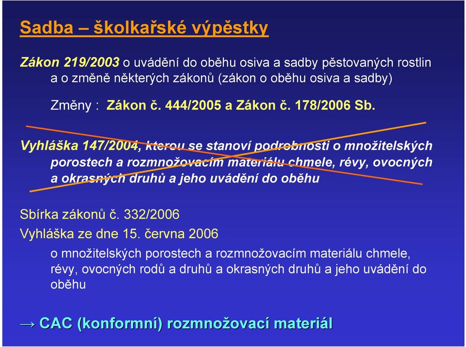 Vyhláška 147/2004, kterou se stanoví podrobnosti o množitelských porostech a rozmnožovacím materiálu chmele, révy, ovocných a okrasných druhů a jeho