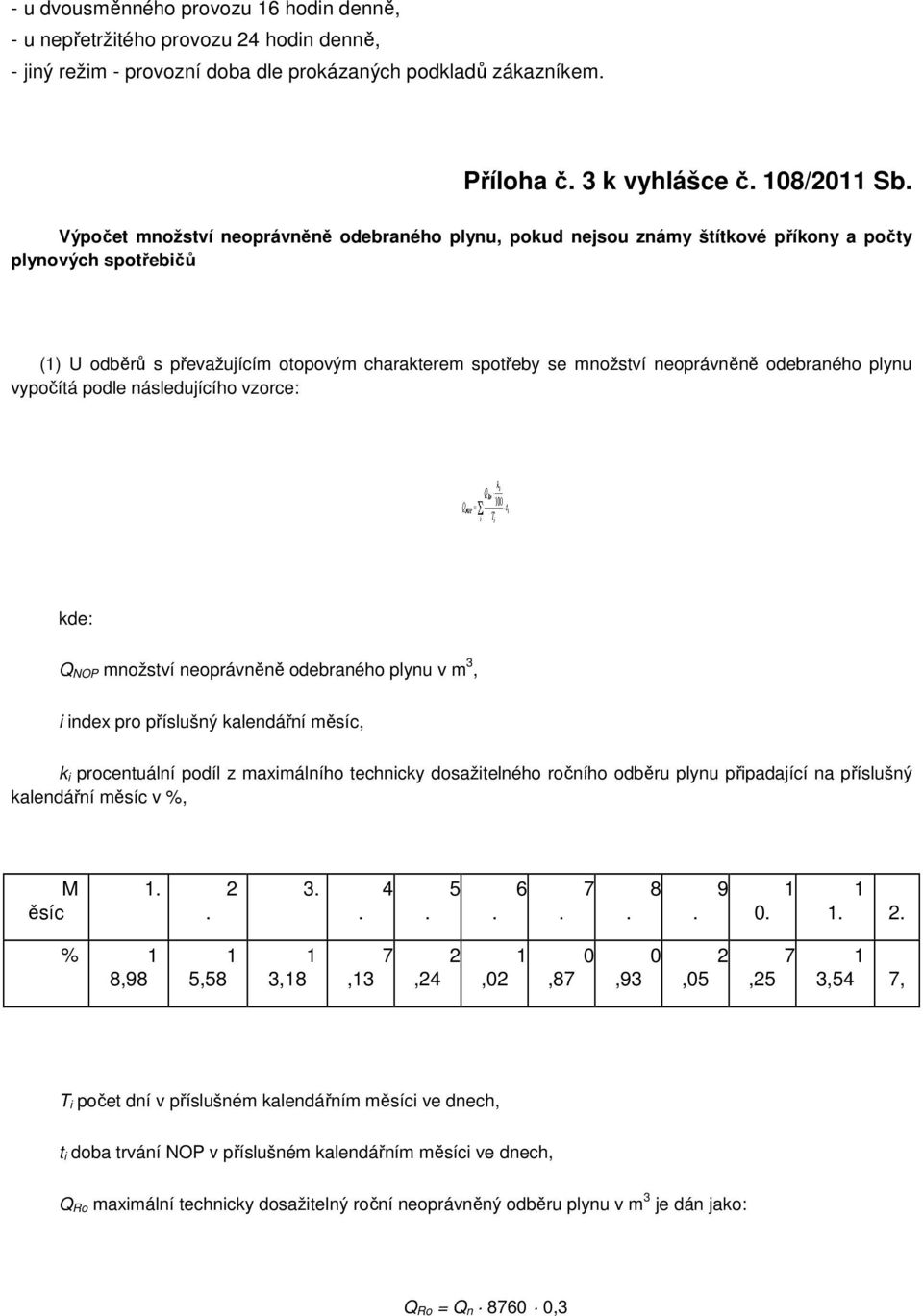 vypočítá podle následujícího vzorce: kde: Q NOP množství neoprávněně odebraného plynu v m 3, i index pro příslušný kalendářní měsíc, k i procentuální podíl z maximálního technicky dosažitelného