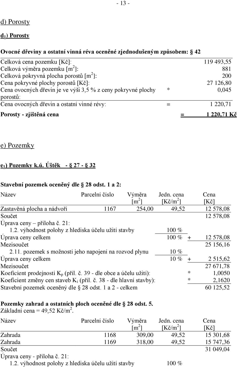 Porosty - zjištěná cena = 1 220,71 Kč e) Pozemky e 1 ) Pozemky k.ú. Úštěk - 27-32 Stavební pozemek oceněný dle 28 odst. 1 a 2: Název Parcelní číslo Výměra [m 2 ] Jedn.