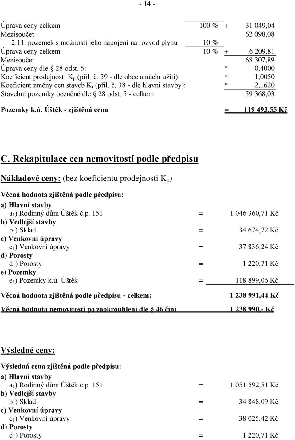 39 - dle obce a účelu užití): * 1,0050 Koeficient změny cen staveb K i (příl. č. 38 - dle hlavní stavby): * 2,1620 Stavební pozemky oceněné dle 28 odst. 5 - celkem 59 368,03 Pozemky k.ú. Úštěk - zjištěná cena = 119 493,55 Kč C.