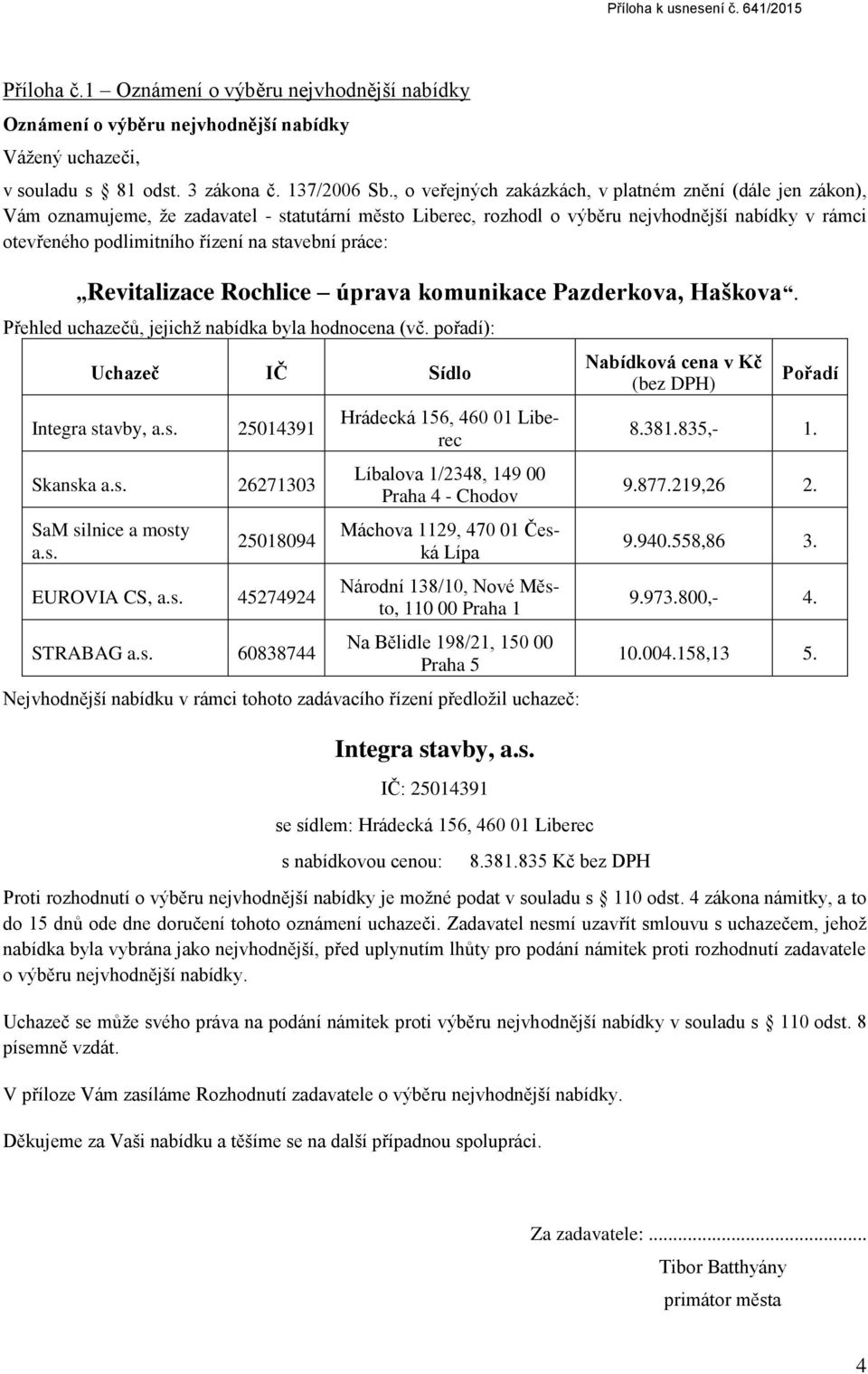 stavební práce: Revitalizace Rochlice úprava komunikace Pazderkova, Haškova. Přehled uchazečů, jejichž nabídka byla hodnocena (vč. pořadí): Uchazeč IČ Sídlo 25014391 Skanska a.s. 26271303 SaM silnice a mosty a.