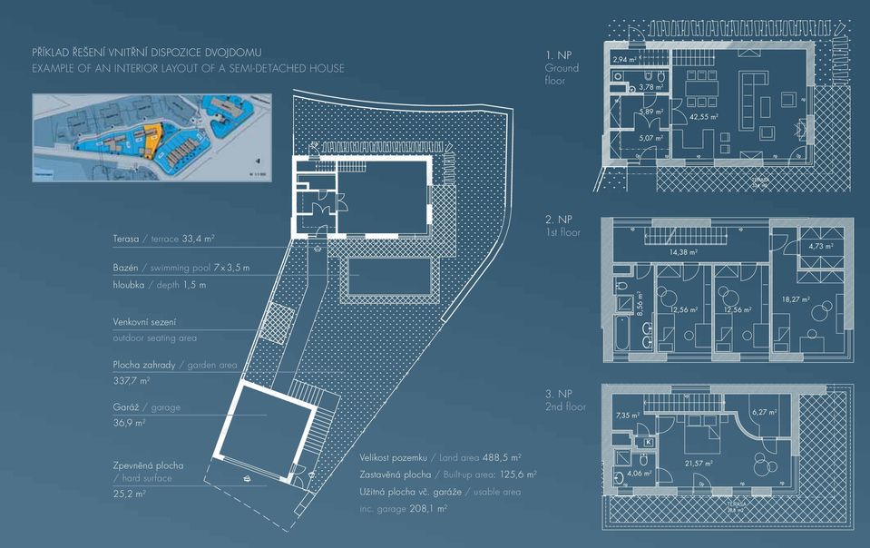 NP 1st floor 14,38 m 2 4,73 m 2 Bazén / swimming pool 7 x 3,5 m hloubka / depth 1,5 m Venkovní sezení 8,56 m 2 12,56 m 2 12,56 m 2 18,27 m 2 outdoor seating area
