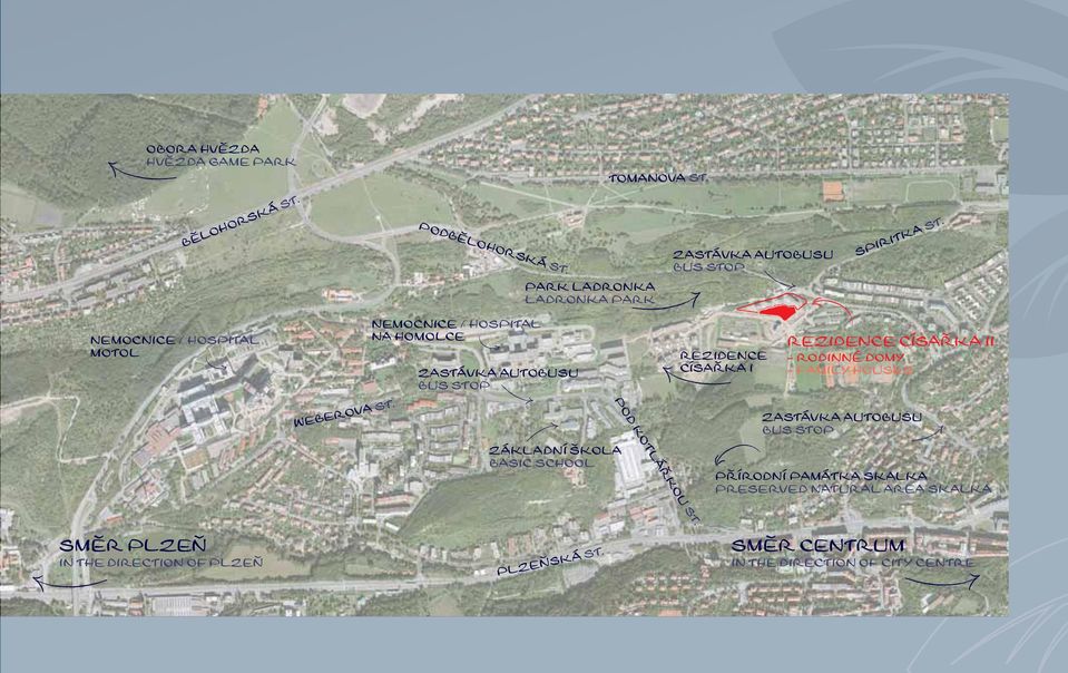 NEMOCNICE / HOSPITAL N A H O M O L C E ZASTÁVKA AUTOBUSU BUS STOP PARK LADRONKA LADRONKA PARK REZIDENCE CÍSAŘKA I REZIDENCE CÍSAŘKA II -