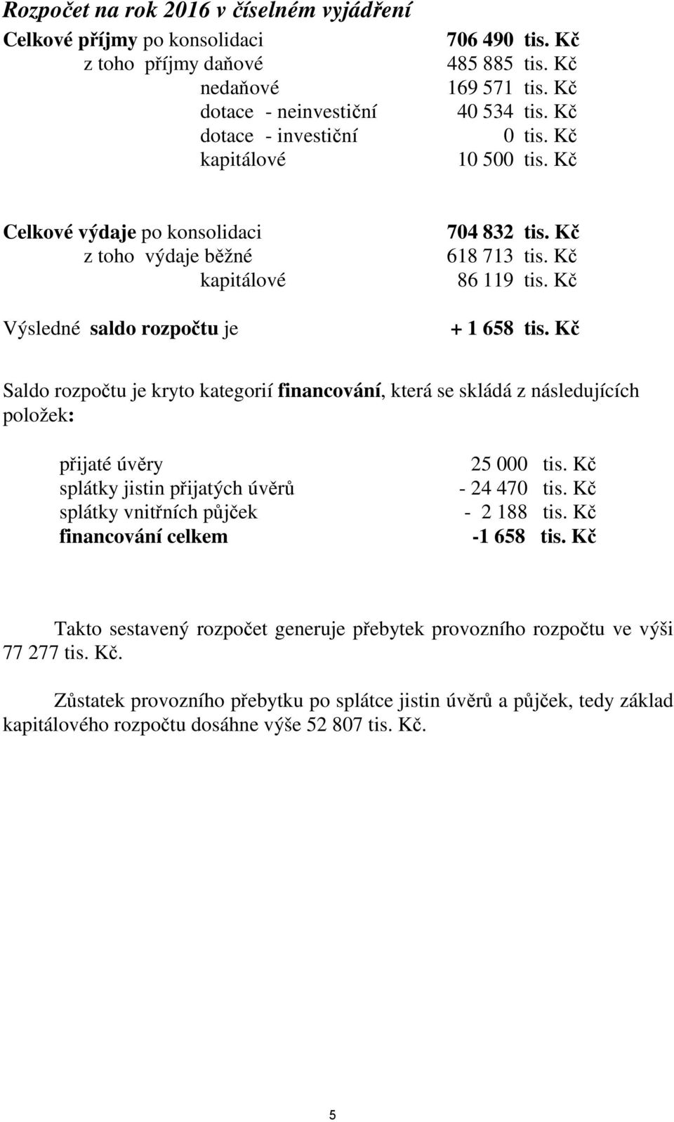 Kč Saldo rozpočtu je kryto kategorií financování, která se skládá z následujících položek: přijaté úvěry splátky jistin přijatých úvěrů splátky vnitřních půjček financování celkem 25 000 tis.