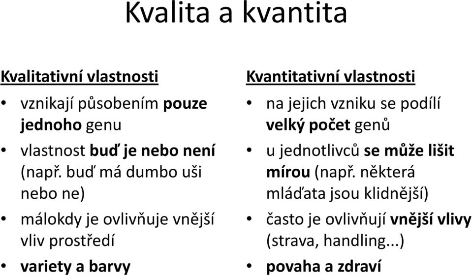 buď má dumbo uši nebo ne) málokdy je ovlivňuje vnější vliv prostředí variety a barvy Kvantitativní