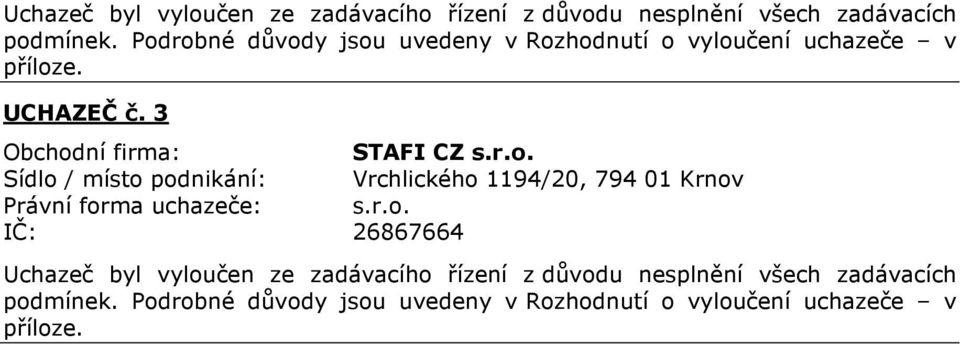 r.o. IČ: 26867664  Podrobné důvody jsou uvedeny v Rozhodnutí o vyloučení uchazeče v příloze.