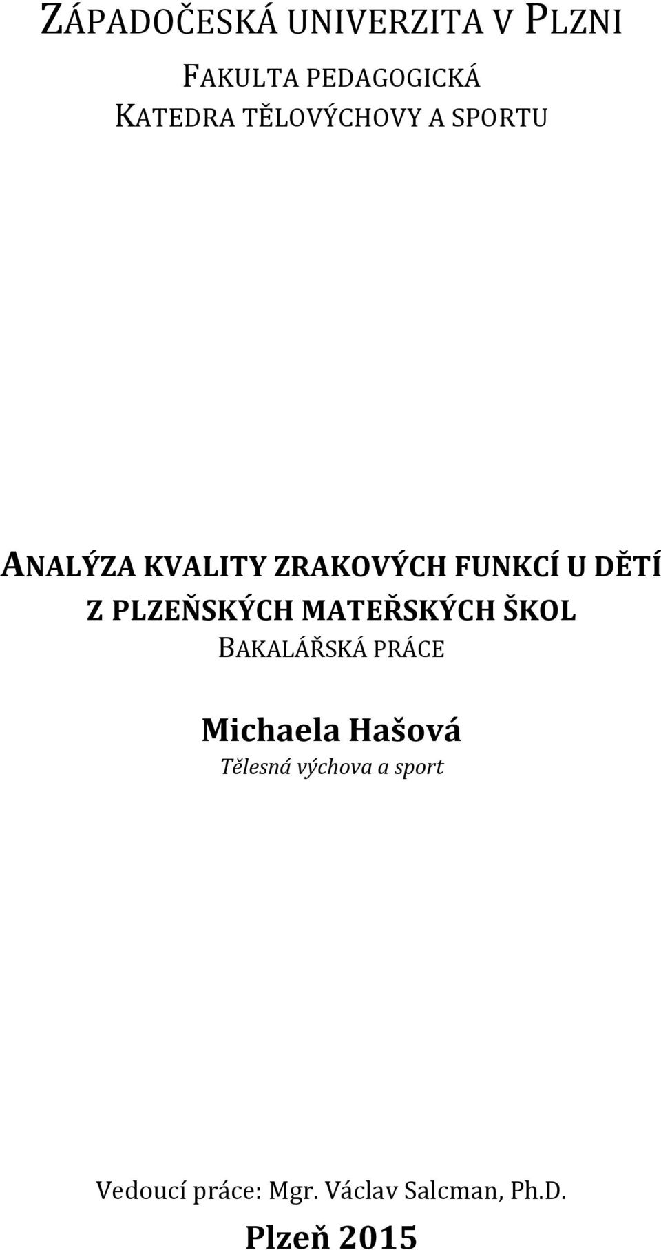 PLZEŇSKÝCH MATEŘSKÝCH ŠKOL BAKALÁŘSKÁ PRÁCE Michaela Hašová