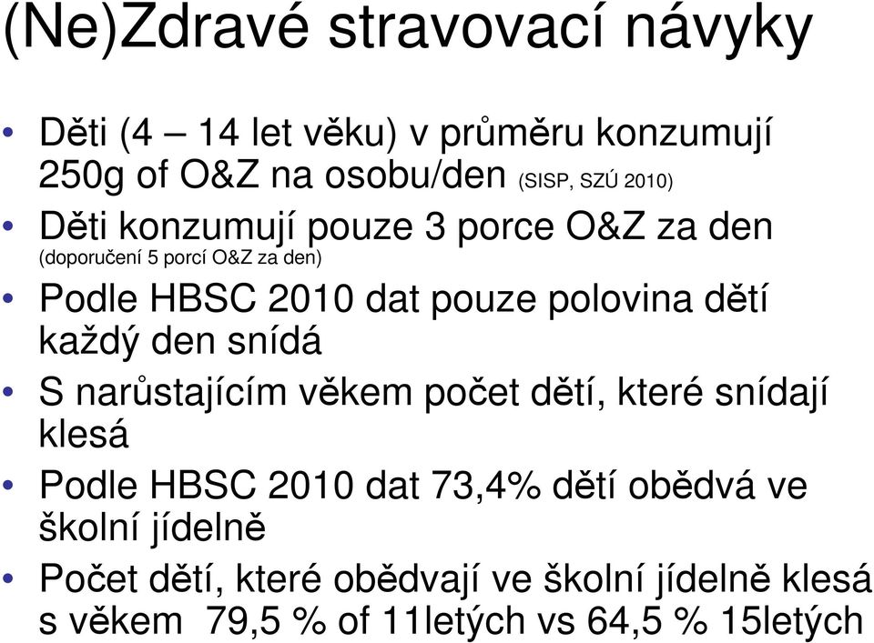 každý den snídá S narůstajícím věkem počet dětí, které snídají klesá Podle HBSC 2010 dat 73,4% dětí obědvá ve