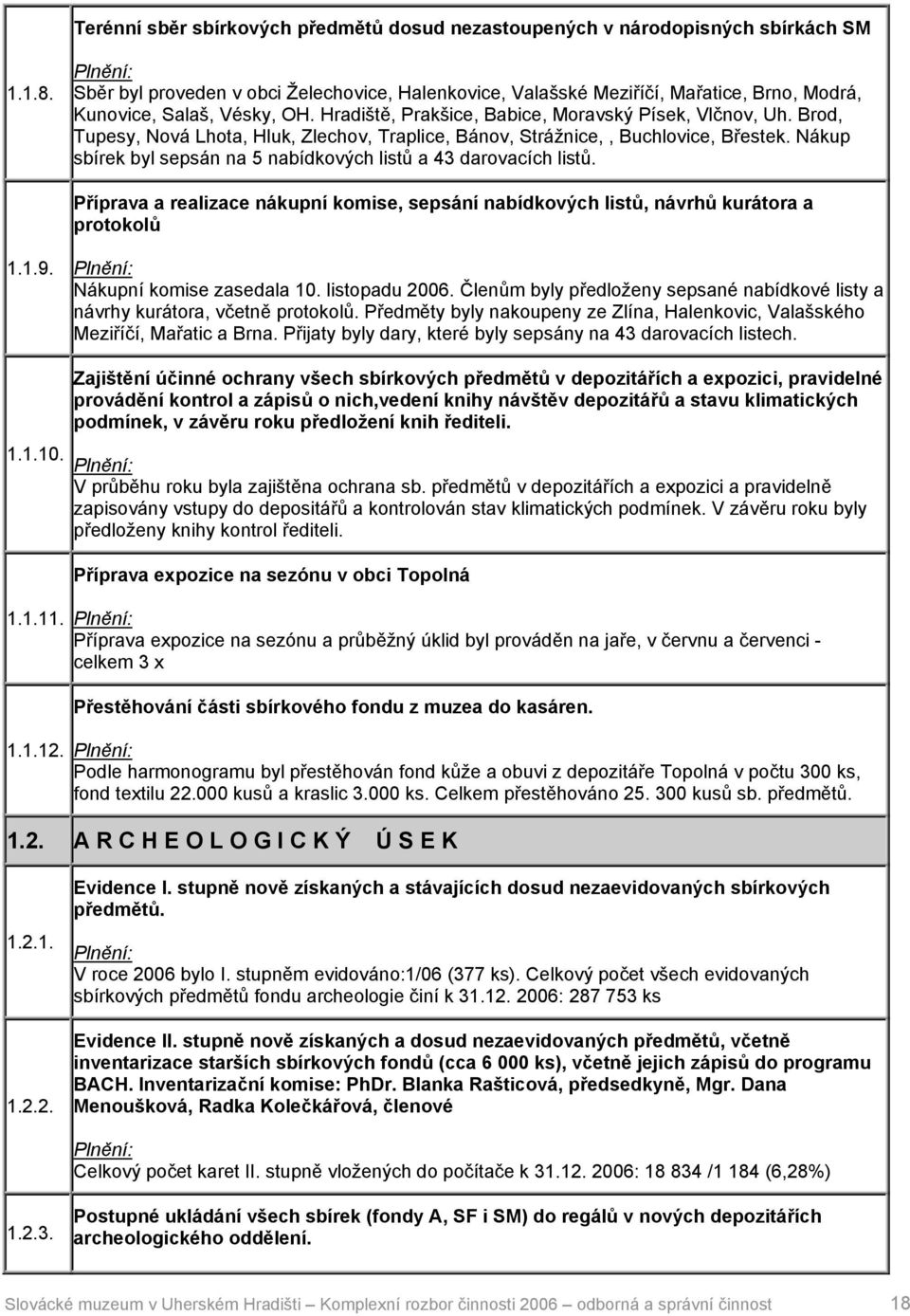 Brod, Tupesy, Nová Lhota, Hluk, Zlechov, Traplice, Bánov, Strážnice,, Buchlovice, Břestek. Nákup sbírek byl sepsán na 5 nabídkových listů a 43 darovacích listů.