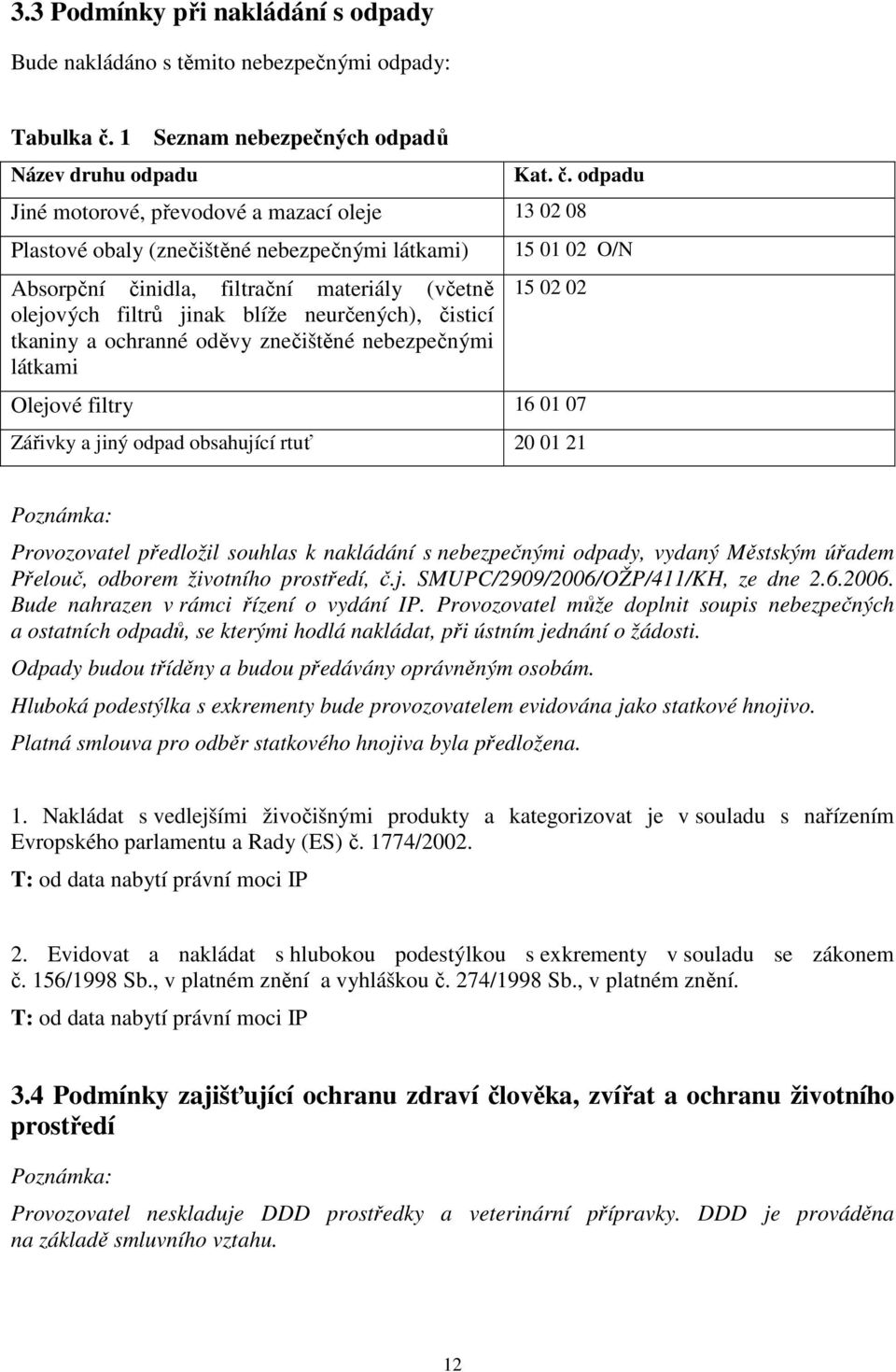 odpadu Jiné motorové, převodové a mazací oleje 13 02 08 Plastové obaly (znečištěné nebezpečnými látkami) Absorpční činidla, filtrační materiály (včetně olejových filtrů jinak blíže neurčených),
