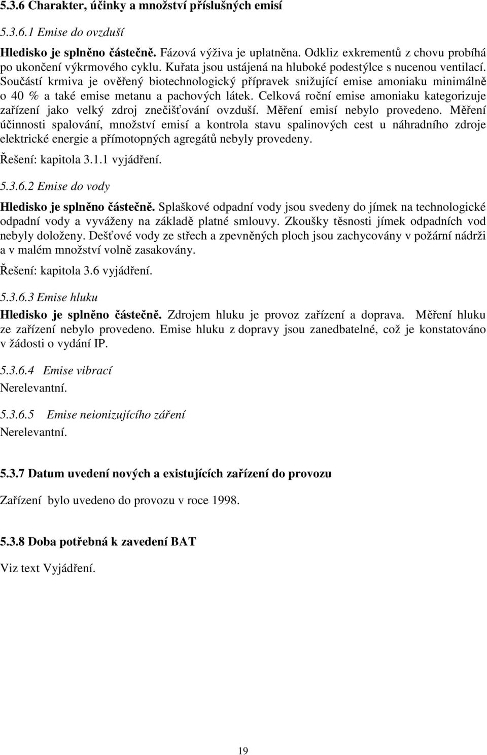 Celková roční emise amoniaku kategorizuje zařízení jako velký zdroj znečišťování ovzduší. Měření emisí nebylo provedeno.