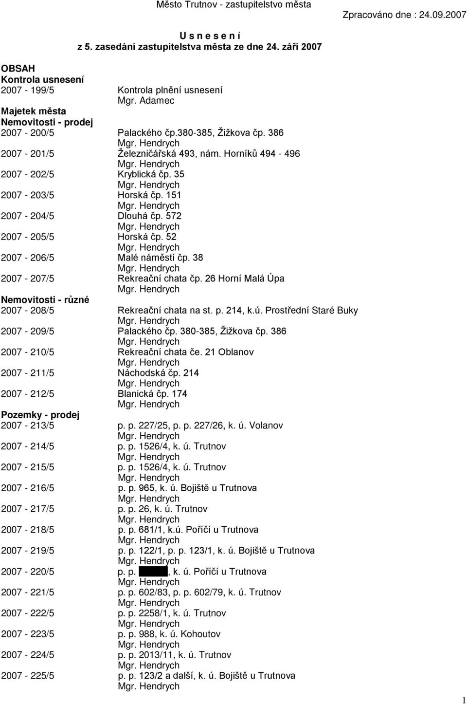 Horníků 494-496 2007-202/5 Kryblická čp. 35 2007-203/5 Horská čp. 151 2007-204/5 Dlouhá čp. 572 2007-205/5 Horská čp. 52 2007-206/5 Malé náměstí čp. 38 2007-207/5 Rekreační chata čp.