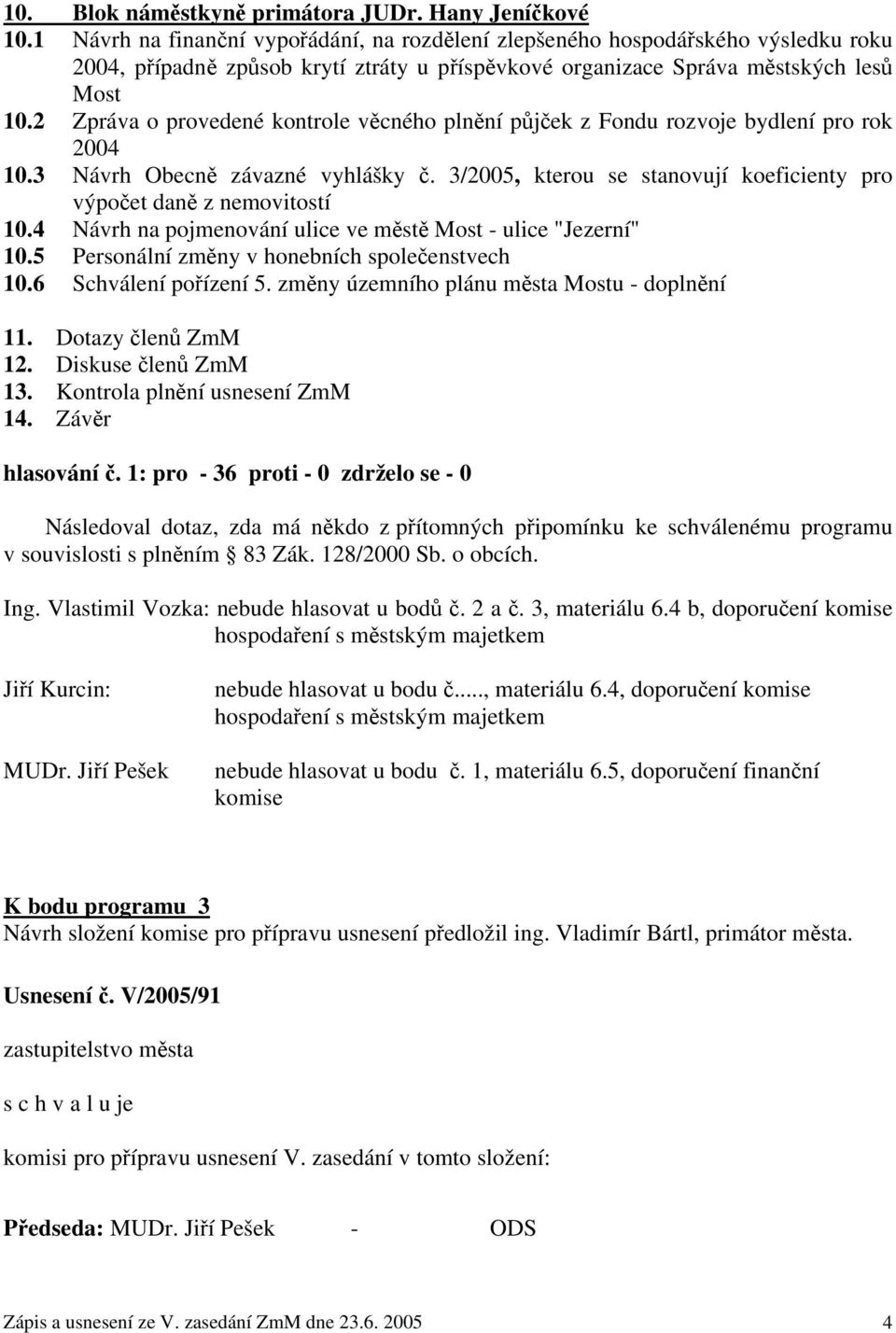 2 Zpráva o provedené kontrole věcného plnění půjček z Fondu rozvoje bydlení pro rok 2004 10.3 Návrh Obecně závazné vyhlášky č.