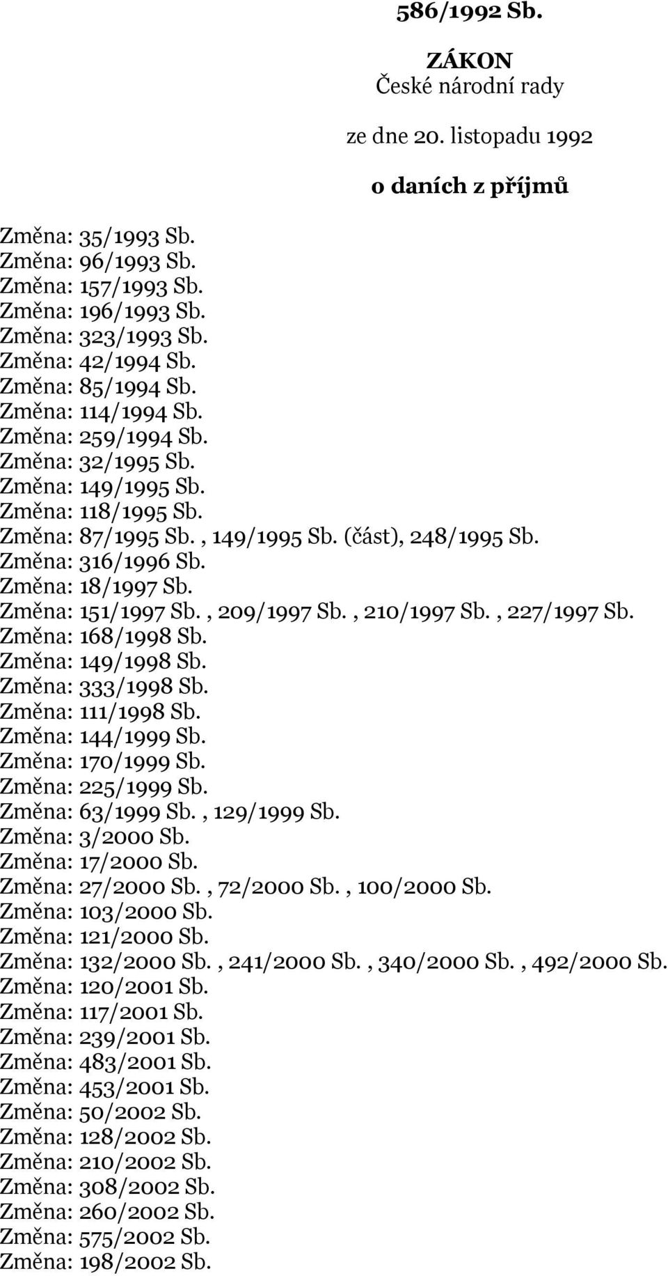 Změna: 18/1997 Sb. Změna: 151/1997 Sb., 209/1997 Sb., 210/1997 Sb., 227/1997 Sb. Změna: 168/1998 Sb. Změna: 149/1998 Sb. Změna: 333/1998 Sb. Změna: 111/1998 Sb. Změna: 144/1999 Sb. Změna: 170/1999 Sb.