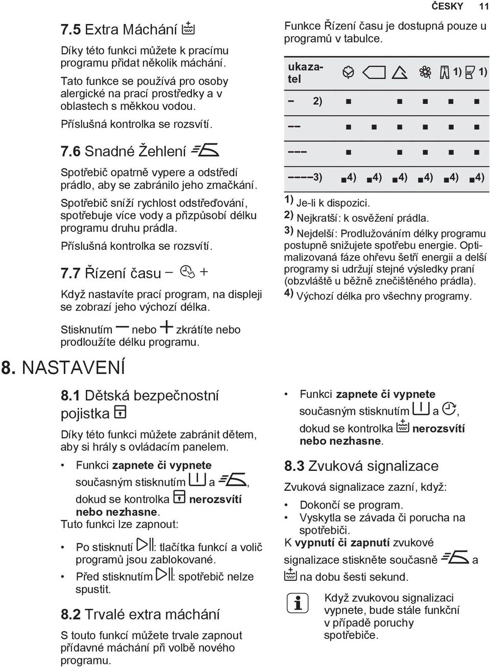 Spotřebič sníží rychlost odstřeďování, spotřebuje více vody a přizpůsobí délku programu druhu prádla. Příslušná kontrolka se rozsvítí. 7.