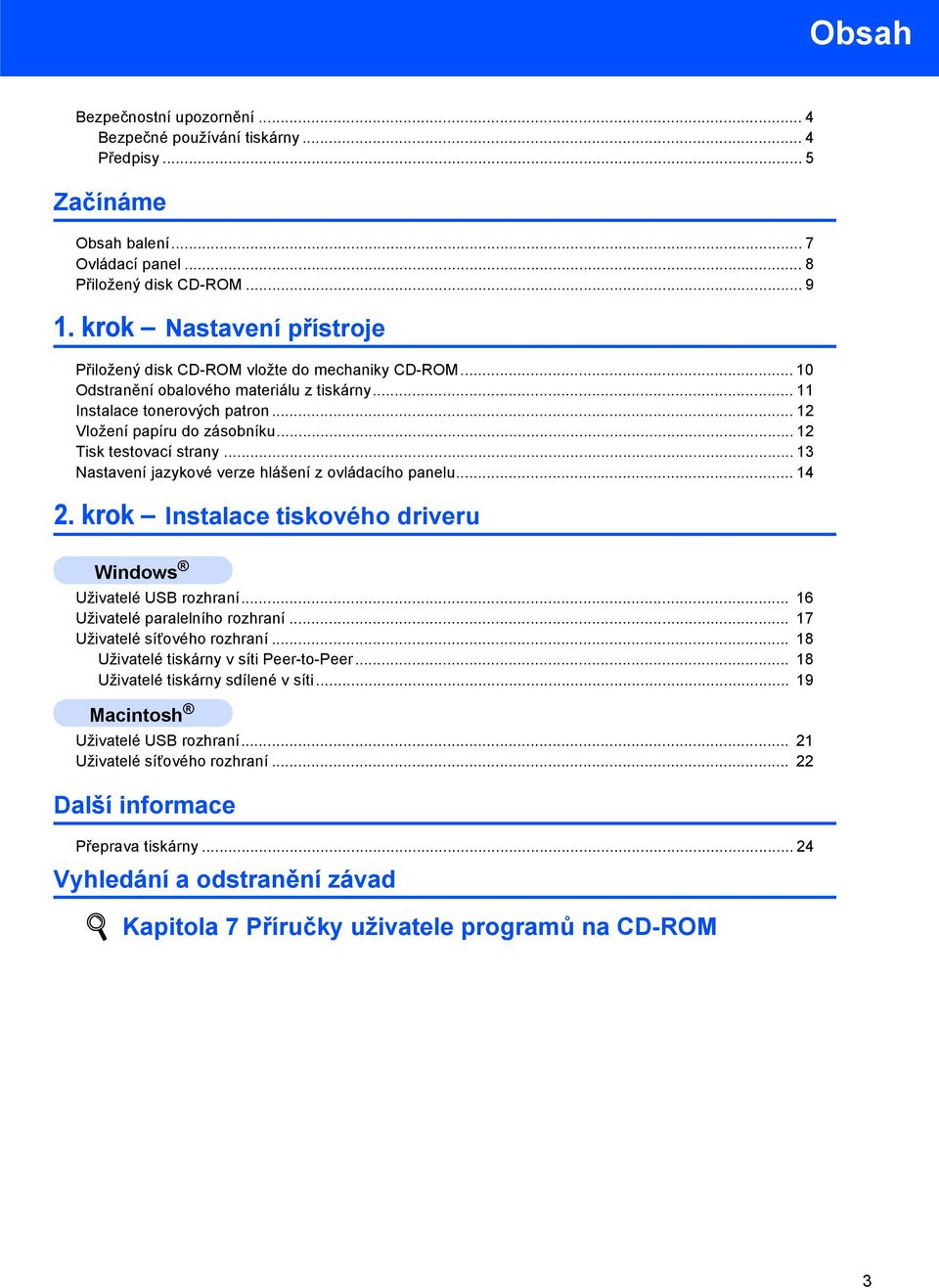 .. 12 Tisk testovací strany... 13 Nastavení jazykové verze hlášení z ovládacího panelu... 14 2. krok Instalace tiskového driveru Uživatelé USB rozhraní... 16 Uživatelé paralelního rozhraní.