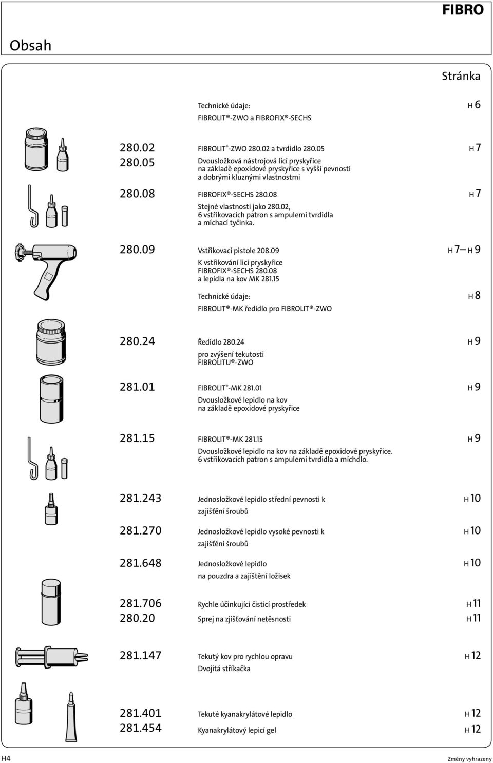 02, 6 vstřikovacích patron s ampulemi tvrdidla a míchací tyčinka. Vstřikovací pistole 208.09 H 7 H 9 K vstřikování licí pryskyřice FIBROFIX -SECHS 280.08 a lepidla na kov MK 281.