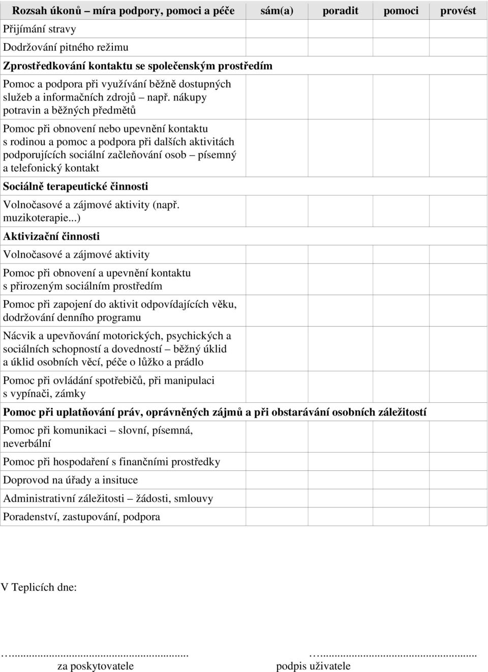 nákupy potravin a běžných předmětů Pomoc při obnovení nebo upevnění kontaktu s rodinou a pomoc a podpora při dalších aktivitách podporujících sociální začleňování osob písemný a telefonický kontakt