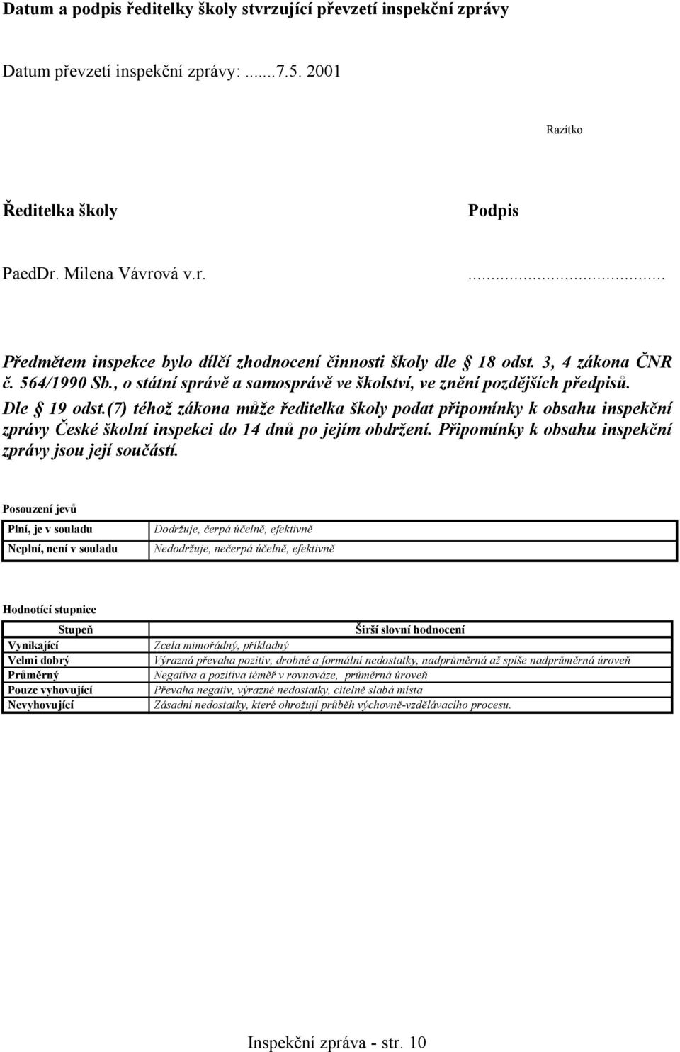 (7) téhož zákona může ředitelka školy podat připomínky k obsahu inspekční zprávy České školní inspekci do 14 dnů po jejím obdržení. Připomínky k obsahu inspekční zprávy jsou její součástí.