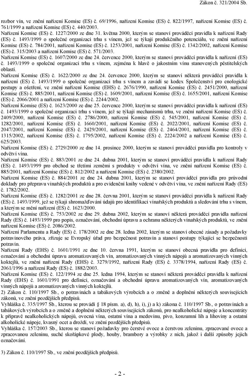 1493/1999 o společné organizaci trhu s vínem, jež se týkají produkčního potenciálu, ve znění nařízení Komise (ES) č. 784/2001, nařízení Komise (ES) č. 1253/2001, nařízení Komise (ES) č.