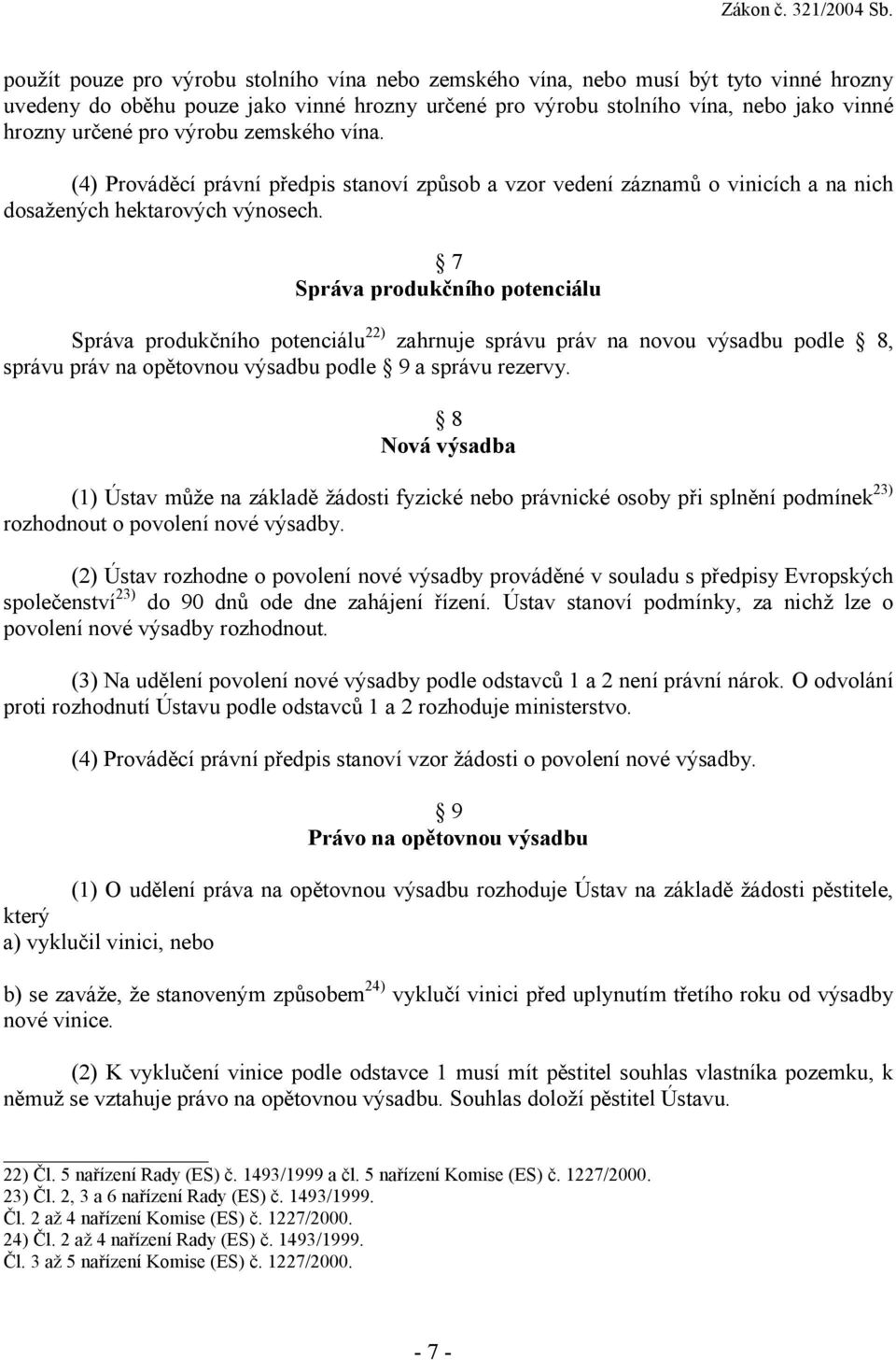 7 Správa produkčního potenciálu Správa produkčního potenciálu 22) zahrnuje správu práv na novou výsadbu podle 8, správu práv na opětovnou výsadbu podle 9 a správu rezervy.