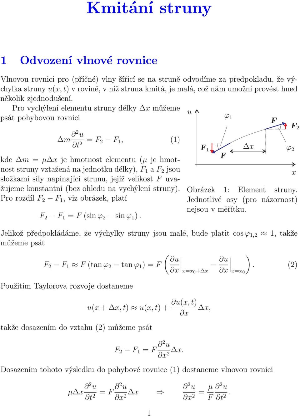 Pro vychýení eementu struny déky x můžeme u psát pohybovou rovnici ϕ 1 m 2 u t 2 = 2 1, (1) kde m=µ xjehmotnosteementu(µjehmotnoststrunyvztaženánajednotkudéky), 1 a 2 jsou sožkami síy napínající
