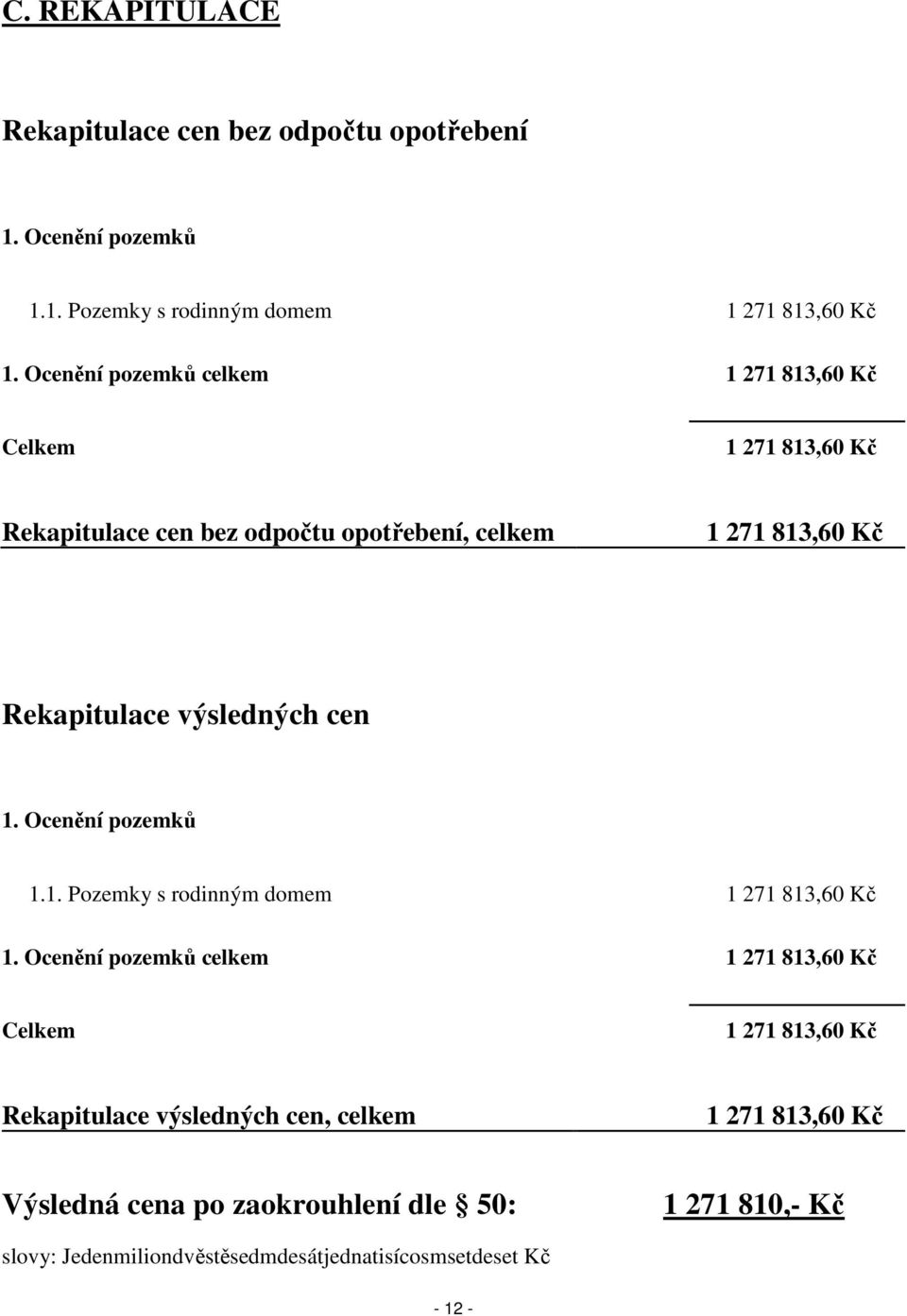 výsledných cen 1. Ocenění pozemků 1.1. Pozemky s rodinným domem 1 271 813,60 Kč 1.