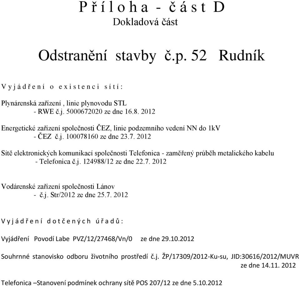 160 ze dne 23.7. 2012 Sítě elektronických komunikací společnosti Telefonica - zaměřený průběh metalického kabelu - Telefonica č.j. 124988/12 ze dne 22.7. 2012 Vodárenské zařízení společnosti Lánov - č.