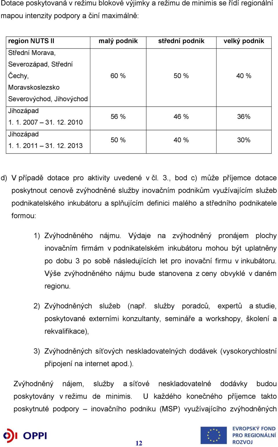 3., bod c) může příjemce dotace poskytnout cenově zvýhodněné služby inovačním podnikům využívajícím služeb podnikatelského inkubátoru a splňujícím definici malého a středního podnikatele formou: 1)