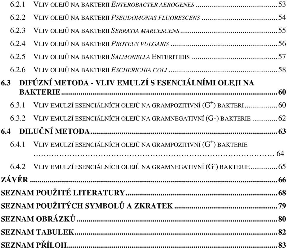..60 6.3.2 VLIV EMULZÍ ESENCIÁLNÍCH OLEJŮ NA GRAMNEGATIVNÍ (G-) BAKTERIE...62 6.4 DILUČNÍ METODA...63 6.4.1 VLIV EMULZÍ ESENCIÁLNÍCH OLEJŮ NA GRAMPOZITIVNÍ (G + ) BAKTERIE 64 6.4.2 VLIV EMULZÍ ESENCIÁLNÍCH OLEJŮ NA GRAMNEGATIVNÍ (G - ) BAKTERIE.