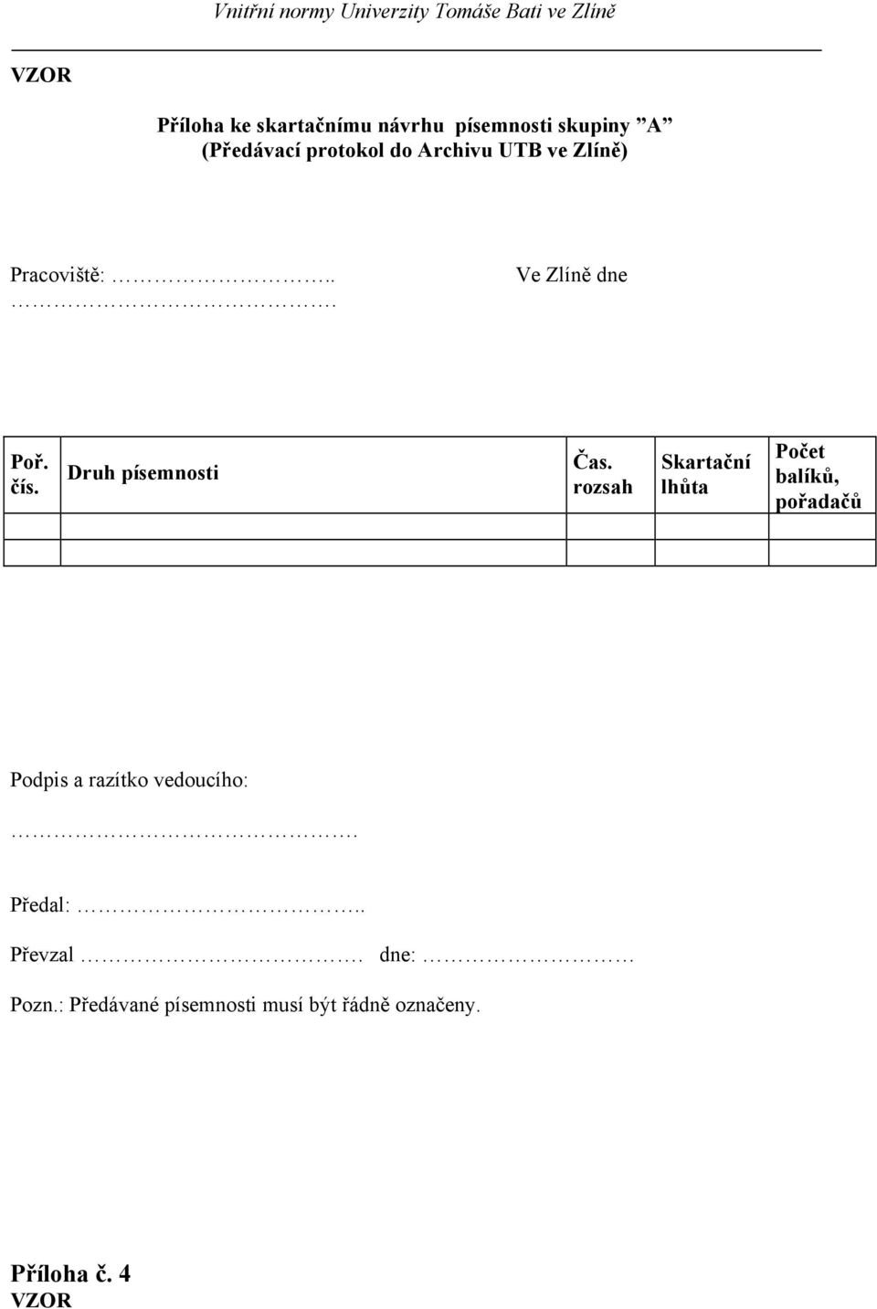 rozsah Skartační lhůta Počet balíků, pořadačů Podpis a razítko vedoucího:. Předal:.