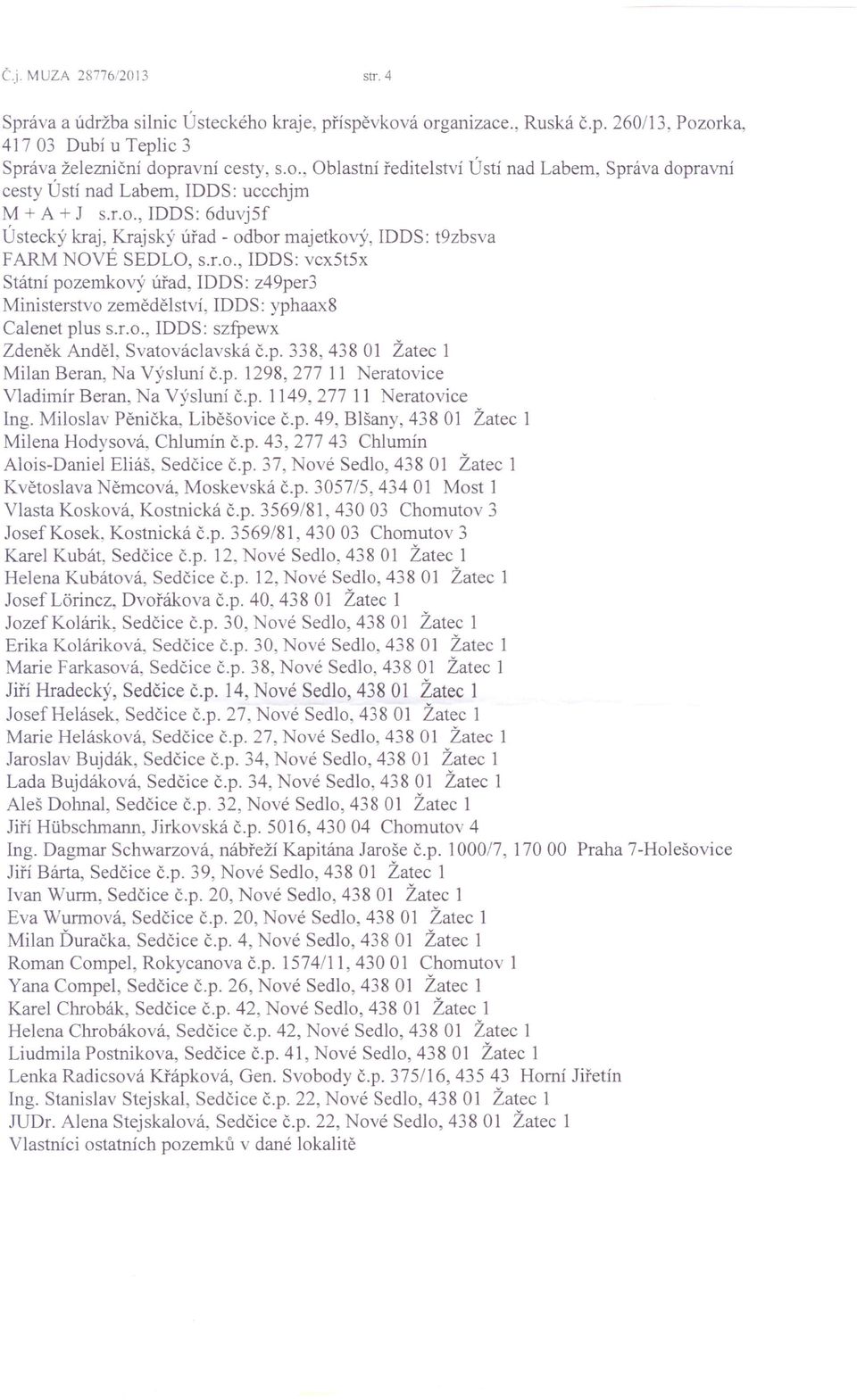 LO., IDDS: vcx5t5x Státní pozemkový úřad, IDDS: z49per3 Ministerstvo zemědělství, IDDS: yphaax8 Calenet plus S.r.o., rdds: szfpewx Zdeněk Anděl, Svatovác1avská č.p. 338,438 01 Žatec 1 Milan Beran, Na Výsluní č.