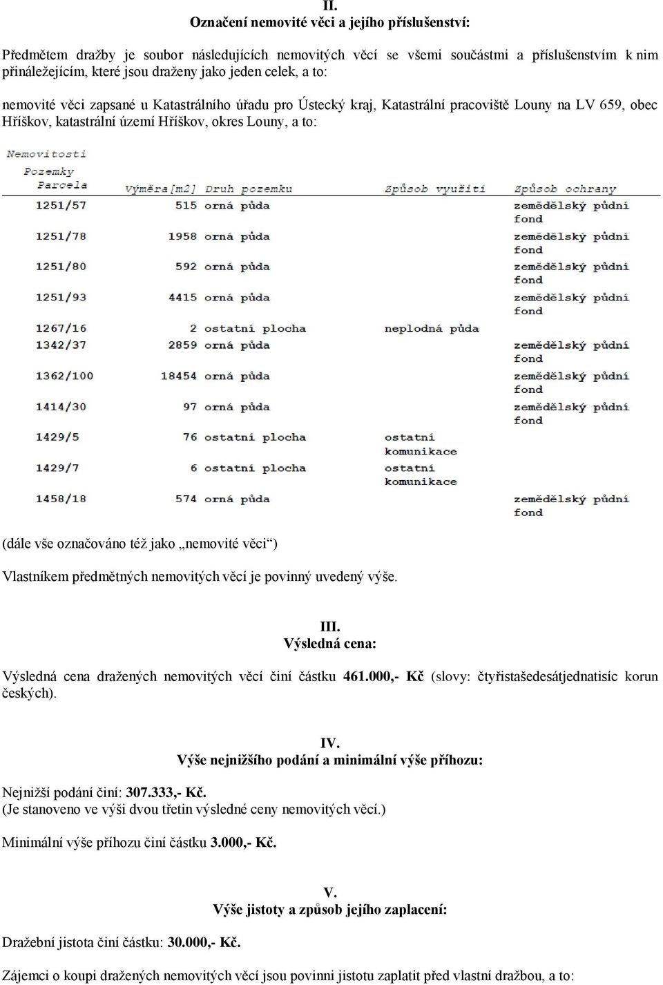 jako nemovité věci ) Vlastníkem předmětných nemovitých věcí je povinný uvedený výše. III. Výsledná cena: Výsledná cena dražených nemovitých věcí činí částku 461.