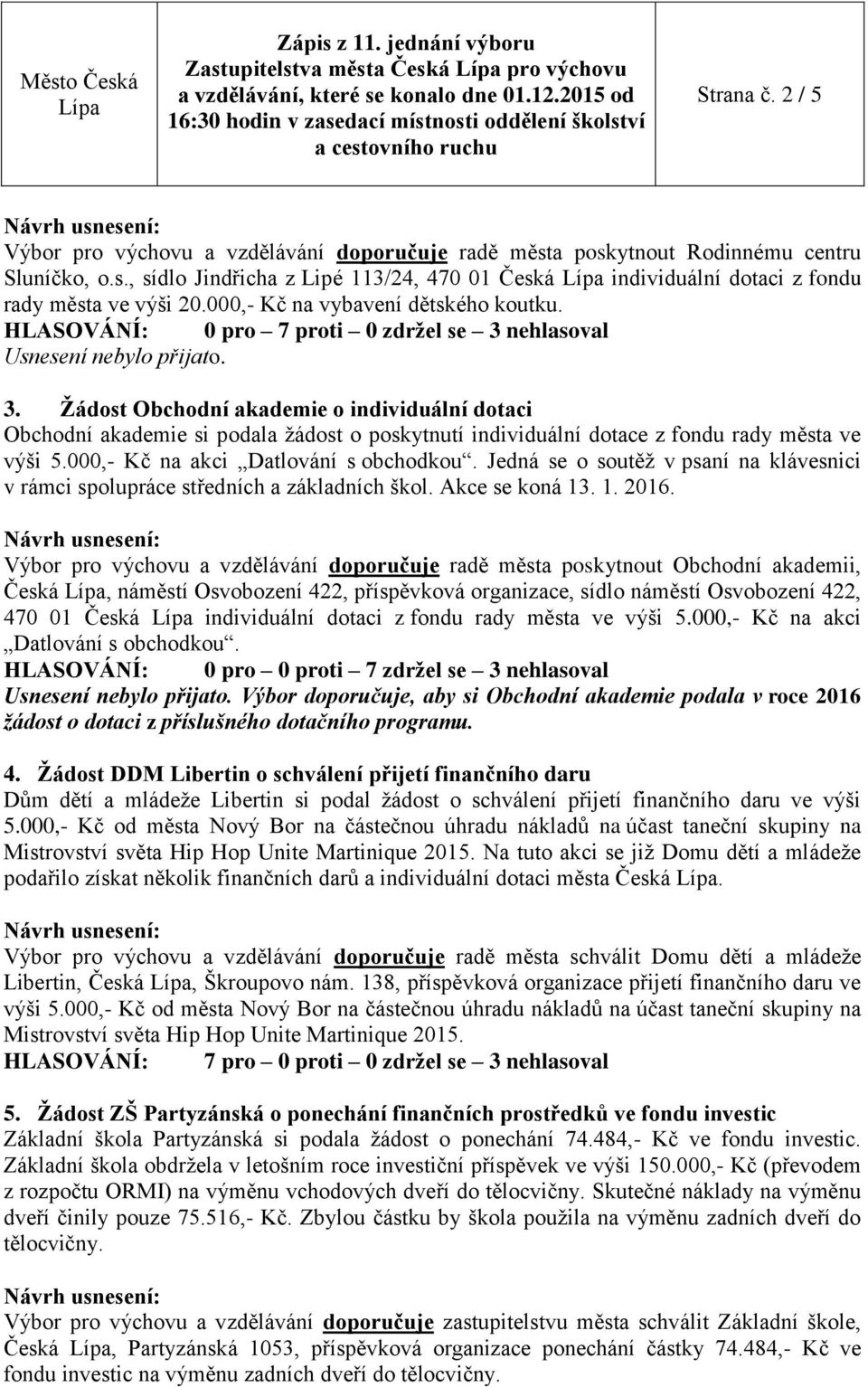 nehlasoval Usnesení nebylo přijato. 3. Žádost Obchodní akademie o individuální dotaci Obchodní akademie si podala žádost o poskytnutí individuální dotace z fondu rady města ve výši 5.