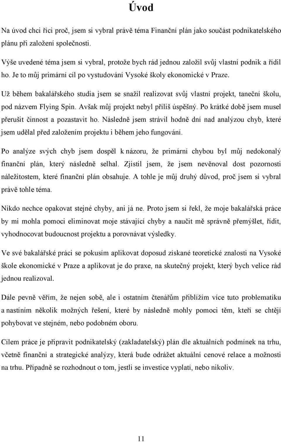 Uţ během bakalářského studia jsem se snaţil realizovat svůj vlastní projekt, taneční školu, pod názvem Flying Spin. Avšak můj projekt nebyl příliš úspěšný.