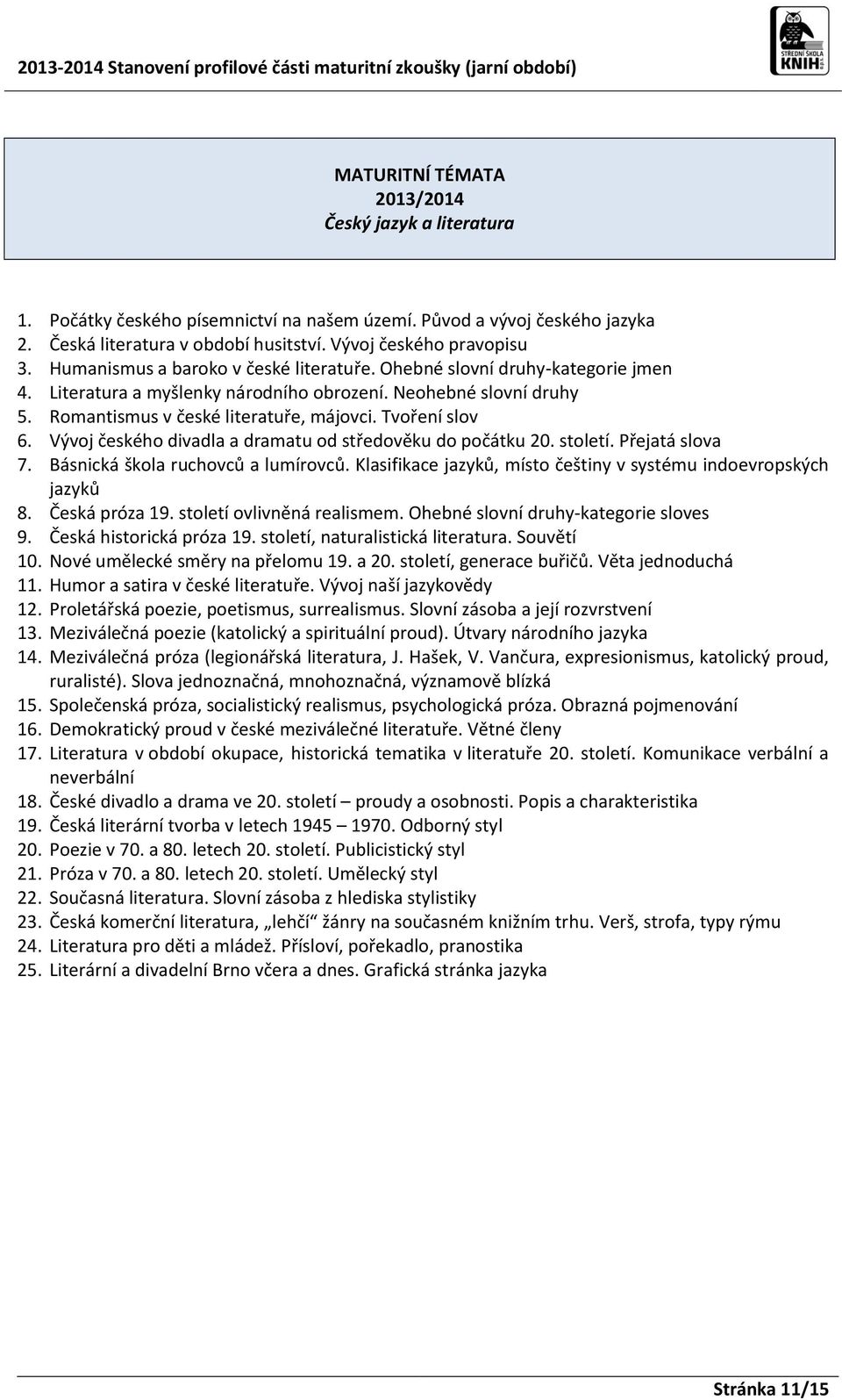 Tvoření slov 6. Vývoj českého divadla a dramatu od středověku do počátku 20. století. Přejatá slova 7. Básnická škola ruchovců a lumírovců.