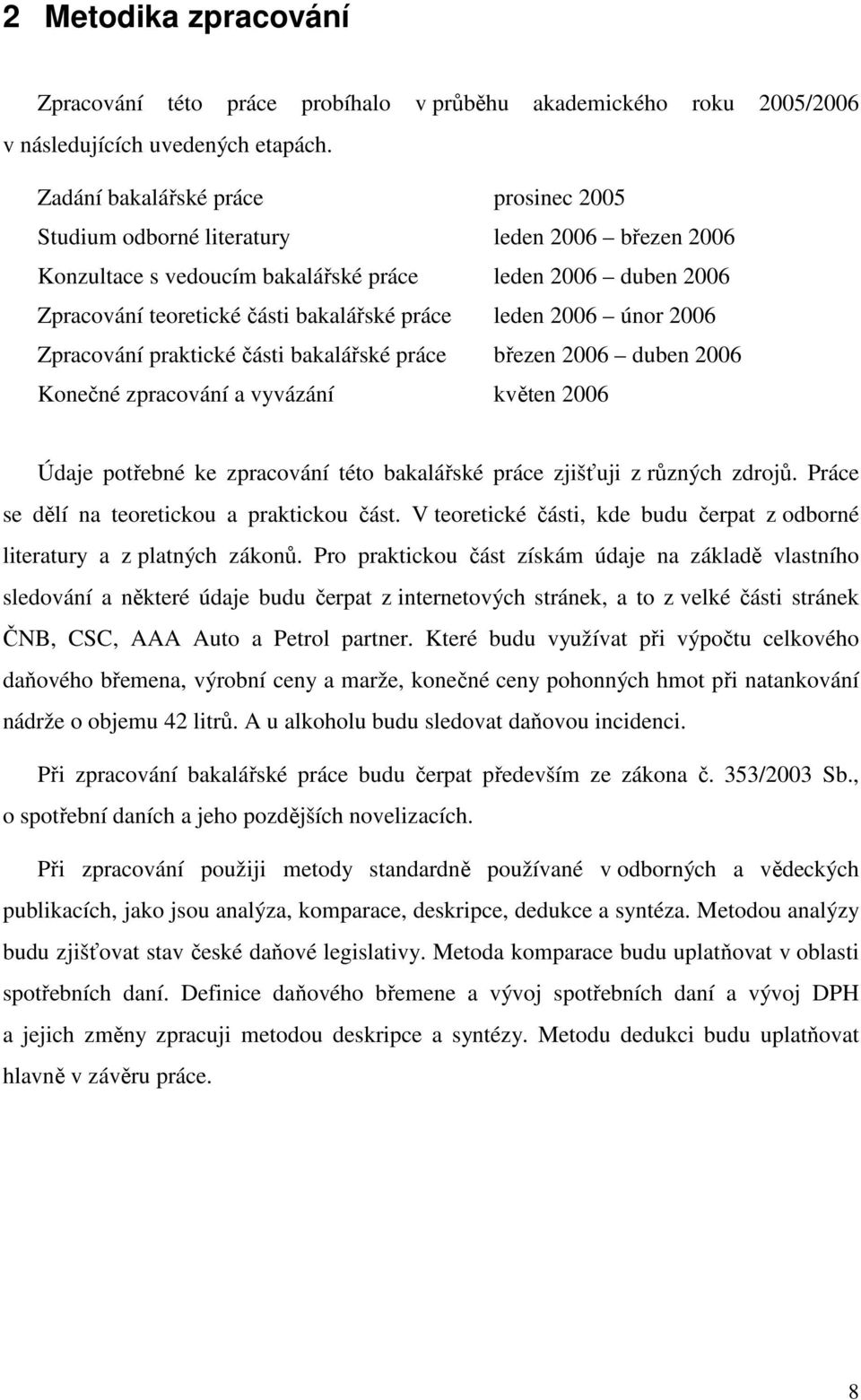 2006 únor 2006 Zpracování praktické části bakalářské práce březen 2006 duben 2006 Konečné zpracování a vyvázání květen 2006 Údaje potřebné ke zpracování této bakalářské práce zjišťuji z různých