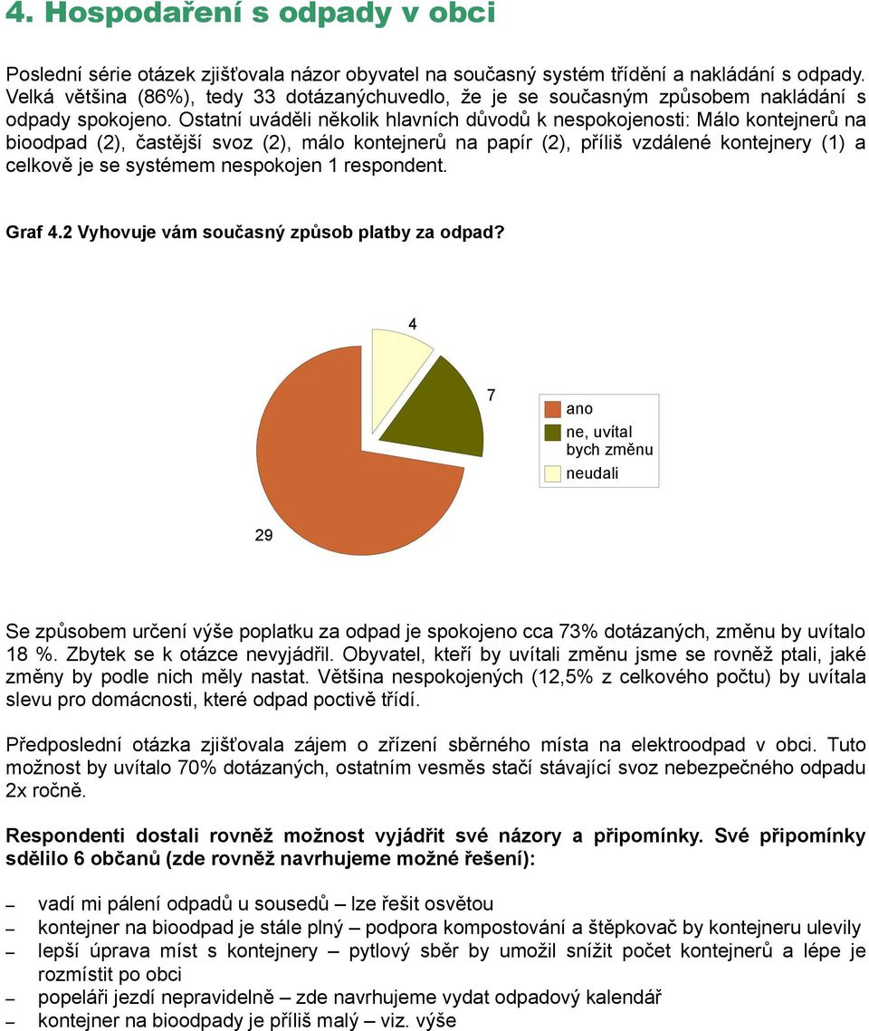 Ostatní uváděli několik hlavních důvodů k nespokojenosti: Málo kontejnerů na bioodpad (2), častější svoz (2), málo kontejnerů na papír (2), příliš vzdálené kontejnery (1) a celkově je se systémem