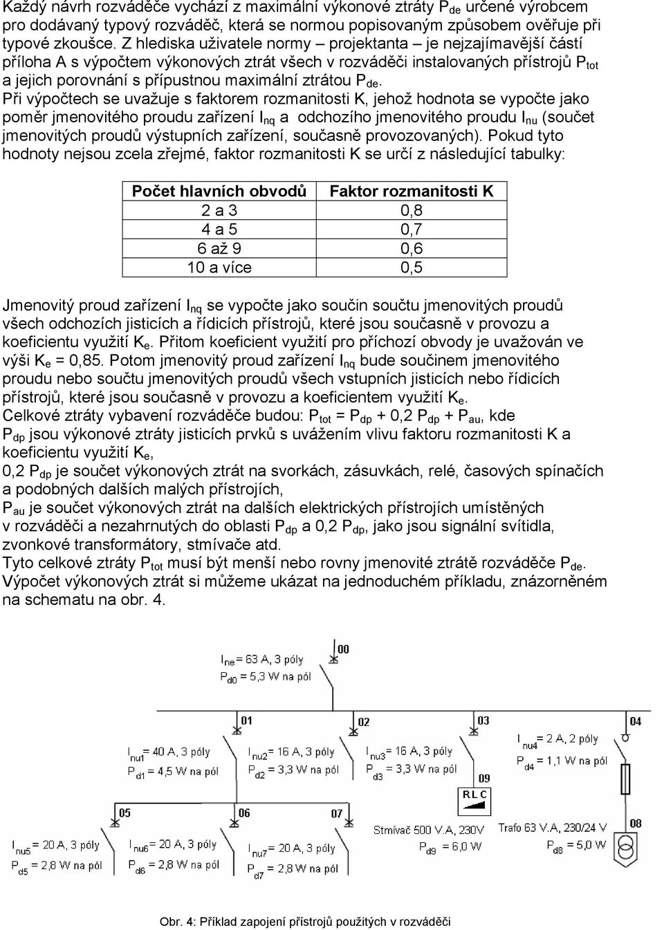 P de. Při výpočtech se uvažuje s faktorem rozmanitosti K, jehož hodnota se vypočte jako poměr jmenovitého proudu zařízení I nq a odchozího jmenovitého proudu I nu (součet jmenovitých proudů