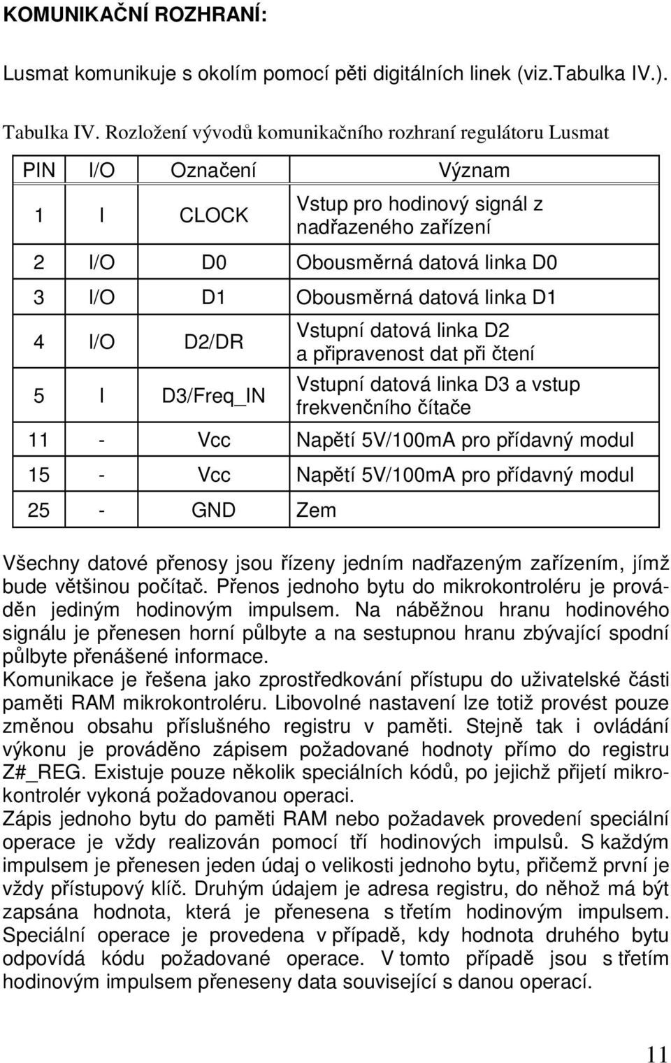 datová linka D1 4 I/O D2/DR 5 I D3/Freq_IN Vstupní datová linka D2 a připravenost dat při čtení Vstupní datová linka D3 a vstup frekvenčního čítače 11 - Vcc Napětí 5V/100mA pro přídavný modul 15 -