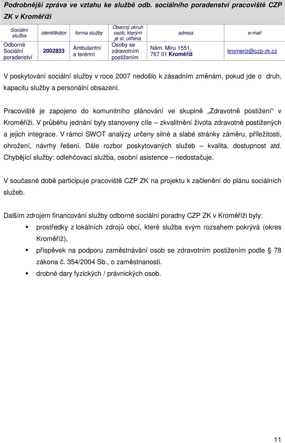 určena Osoby se zdravotním postižením adresa Nám. Míru 1551, 767 01 Kroměříž e-mail kromeriz@czp-zk.